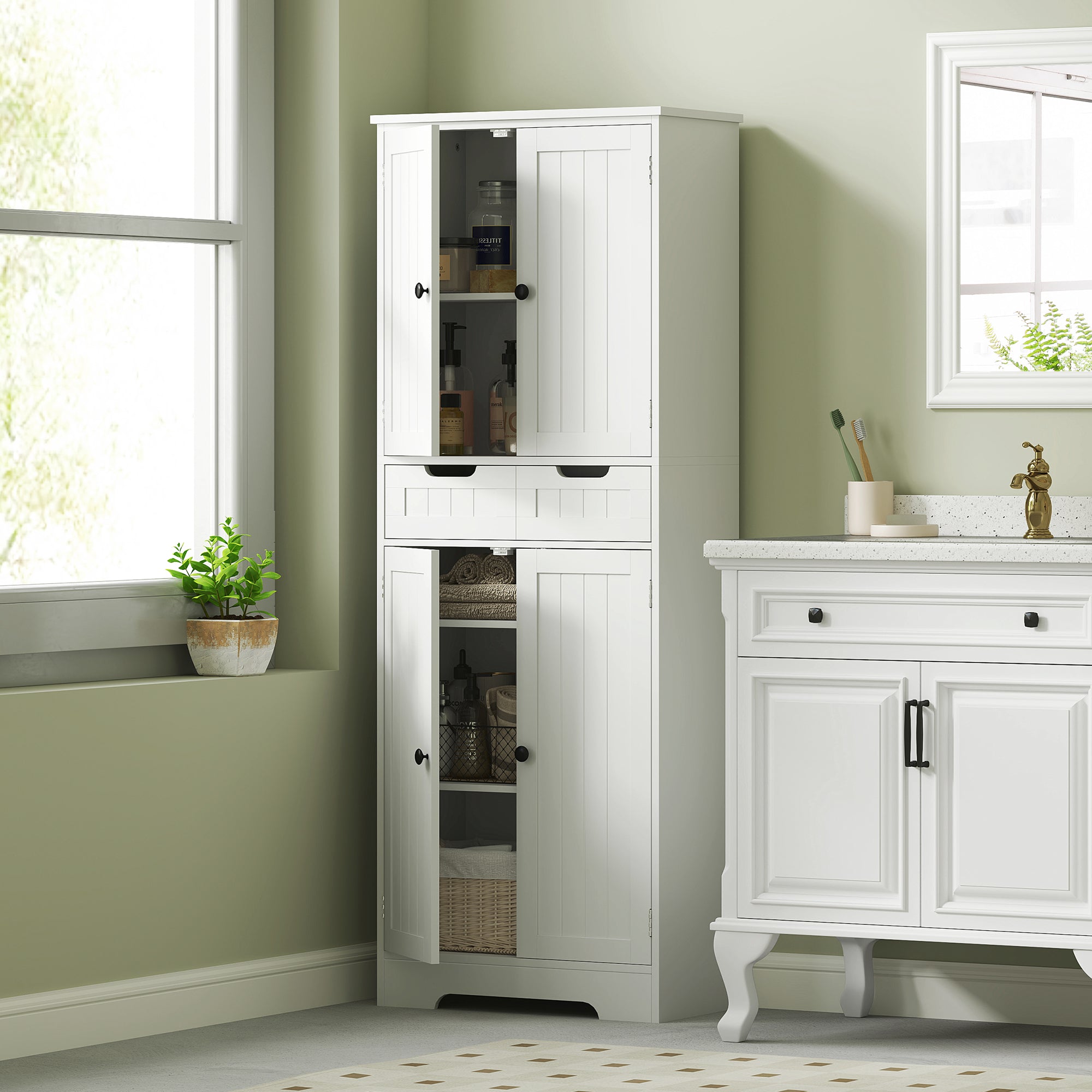 HOMCOM Tall Bathroom Cabinet, Freestanding Storage Cupboard, Bathroom Storage Cabinet with Drawer, Adjustable Shelf and Doors, 60 x 30 x 160 cm, White - North Peak Garden Furniture