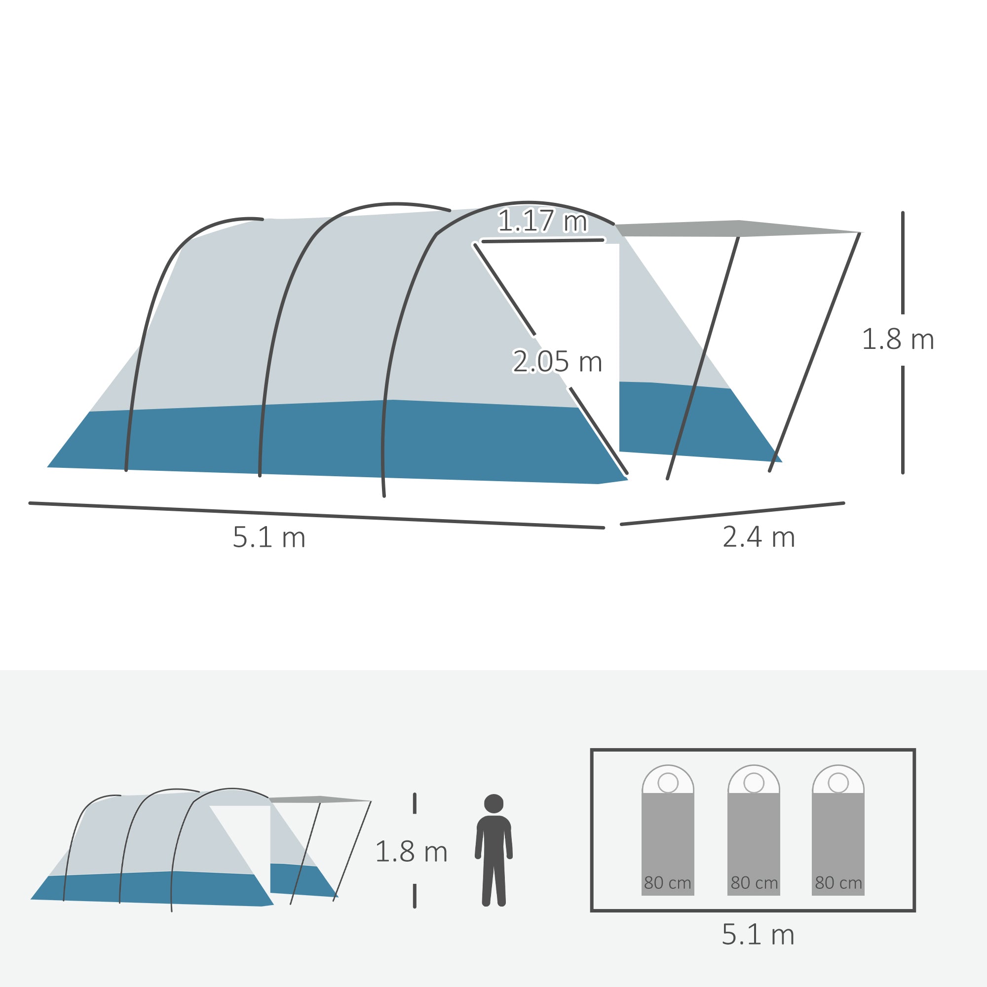 Outsunny 6-8 Person Tunnel Tent, Camping Tent with Bedroom, Living Room, Sewn-in Floor, 3 Doors and Carry Bag, 2000mm Water Column for Fishing, Hiking, Sports, and Traveling, Blue - North Peak Garden Furniture