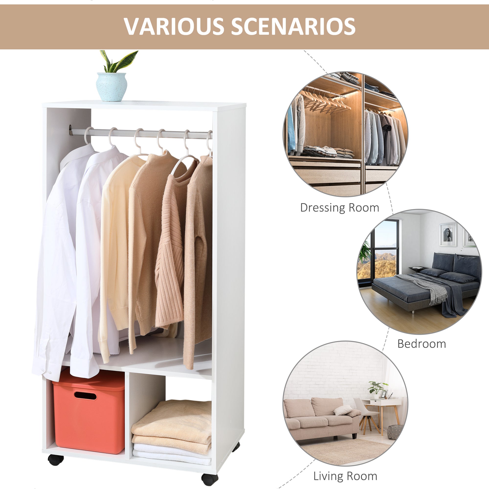 HOMCOM Open Wardrobe for Bedroom, Small Wardrobe on Wheels with Clothes Rail, Storage Shelves, Mobile Garment Rack for Clothes Storage, Cloakroom, Hallway, White