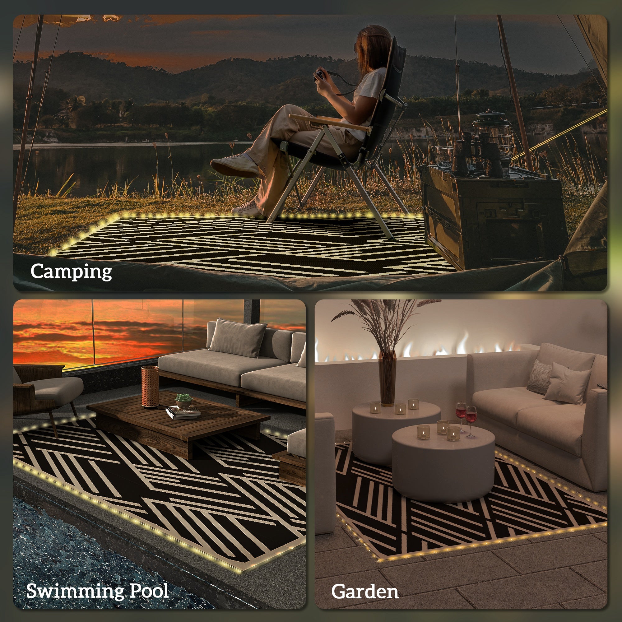 Outsunny Plastic Straw Reversible RV Outdoor Rug with LED String Light, 182 x 274cm, Black and Coffee - North Peak Garden Furniture