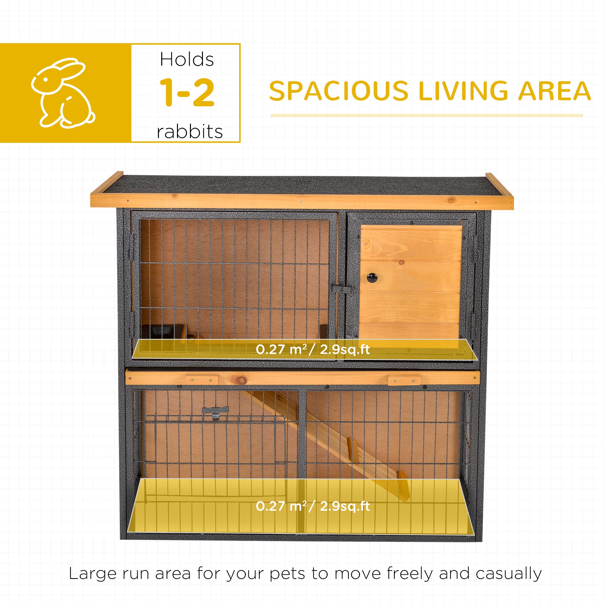 PawHut Guinea Pig Hutch Rabbit Hutch Wood-metal Elevated Pet House Bunny Cage with No-Leak Tray Ramp Openable Roof Outdoor 89.5 x 45 x 81cm Light Yellow - North Peak Garden Furniture