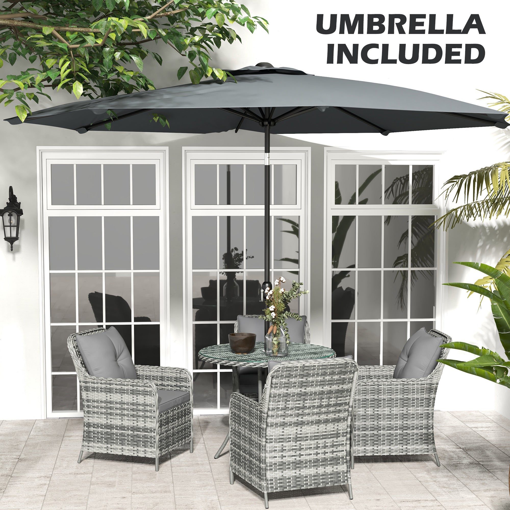 Outsunny 6 Pieces Garden Dining Set, 4 Seater Rattan Dining Set Outdoor with Umbrella, Cushions, Tempered Glass Top Table | Aosom UK