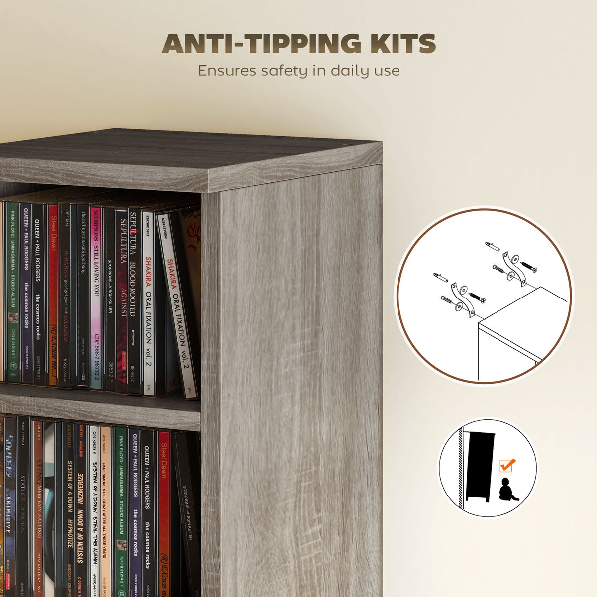 HOMCOM Set of 2 CD Media Display Shelf Unit Tower Rack with Adjustable Shelves, Distressed Grey