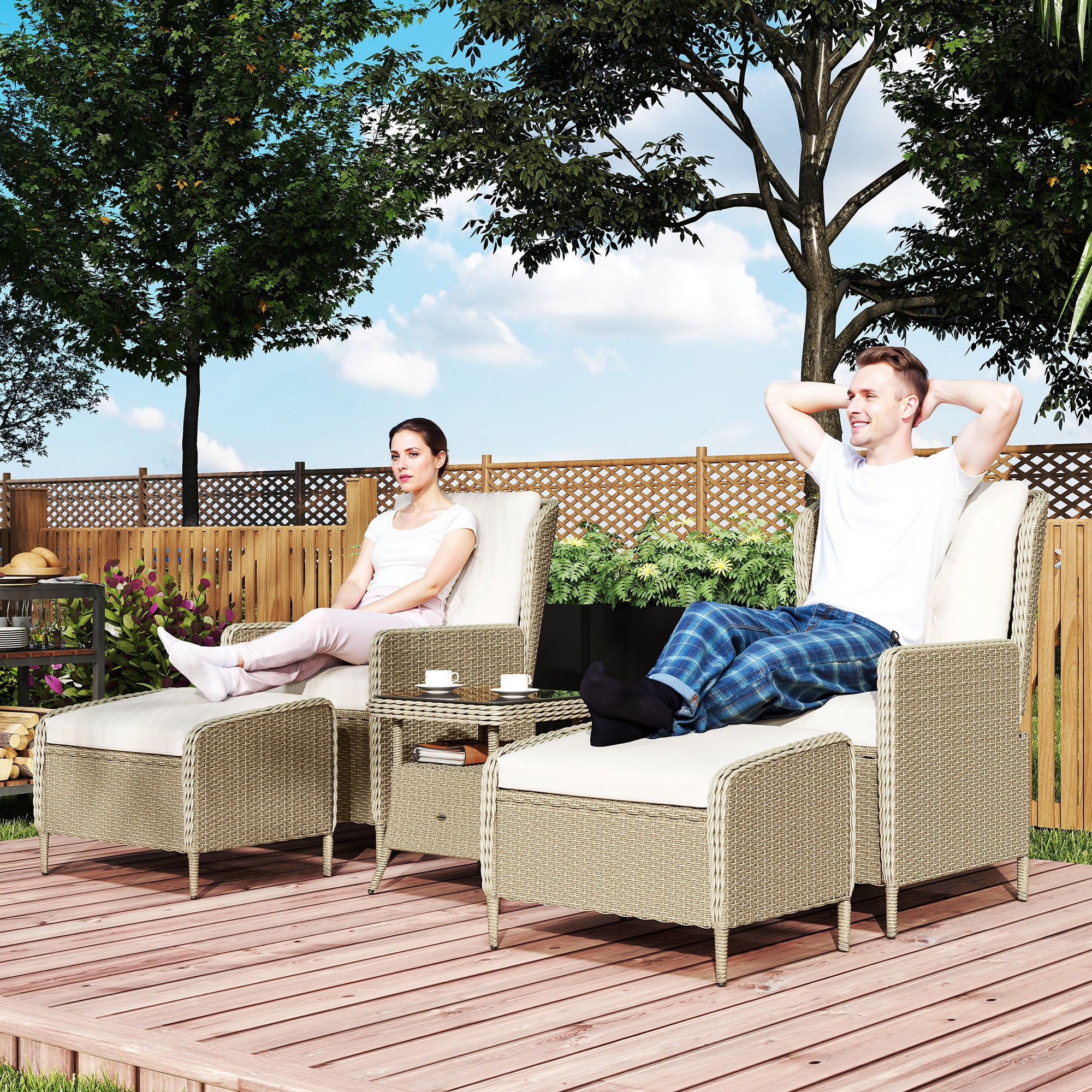 Outsunny Five-Piece Reclining Rattan Chair Set - Light Grey