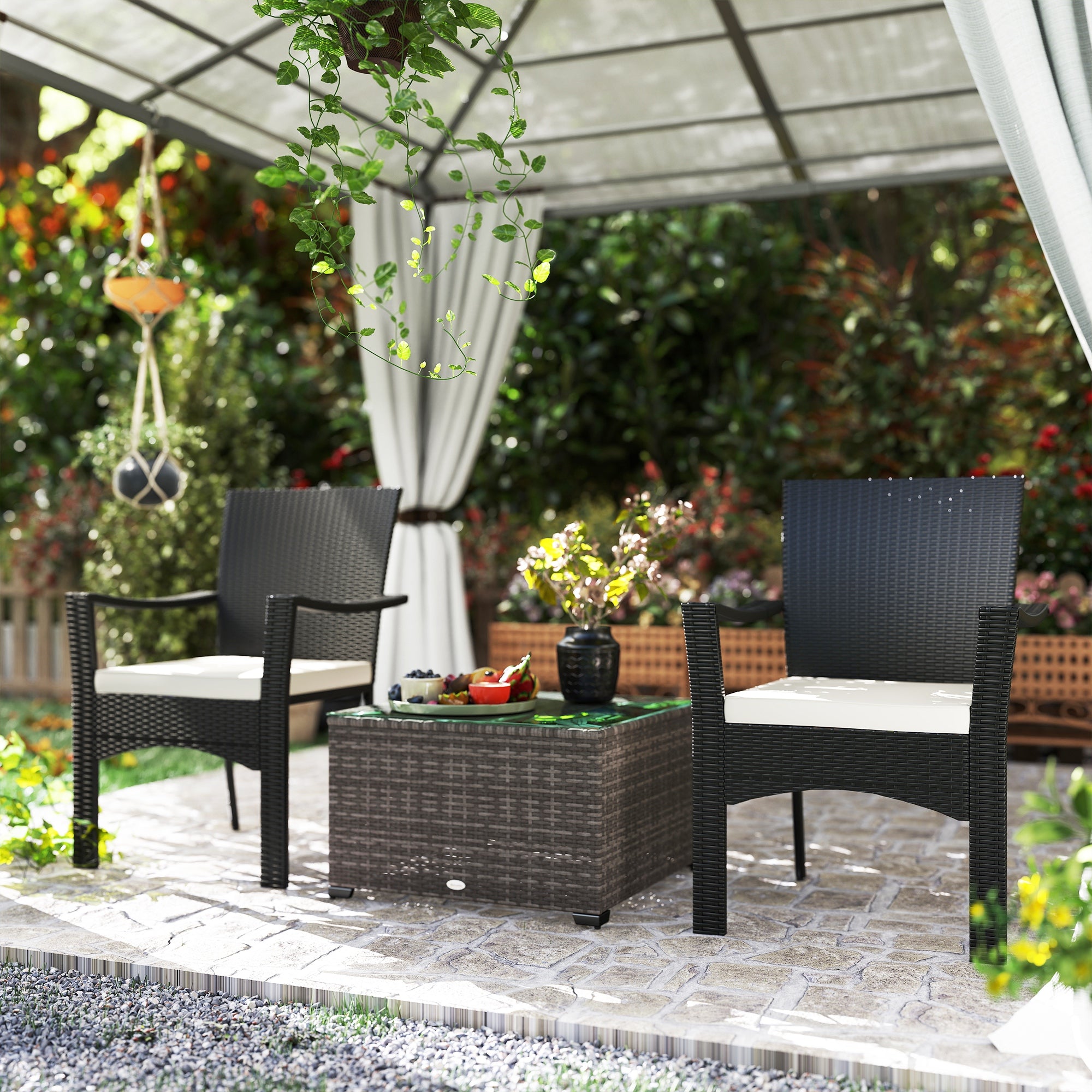 Outsunny 62 x 62cm Glass-Top Rattan Side Table - Black - North Peak Garden Furniture