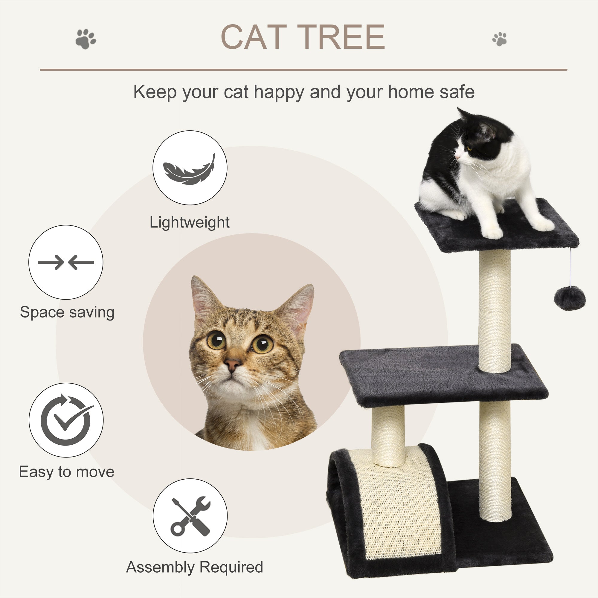 PawHut Cat Tree Tower, 72cm Climbing Activity Centre for Kittens, with Sisal Scratching Post, Pad Arc Perch, and Hanging Ball Toy, Grey