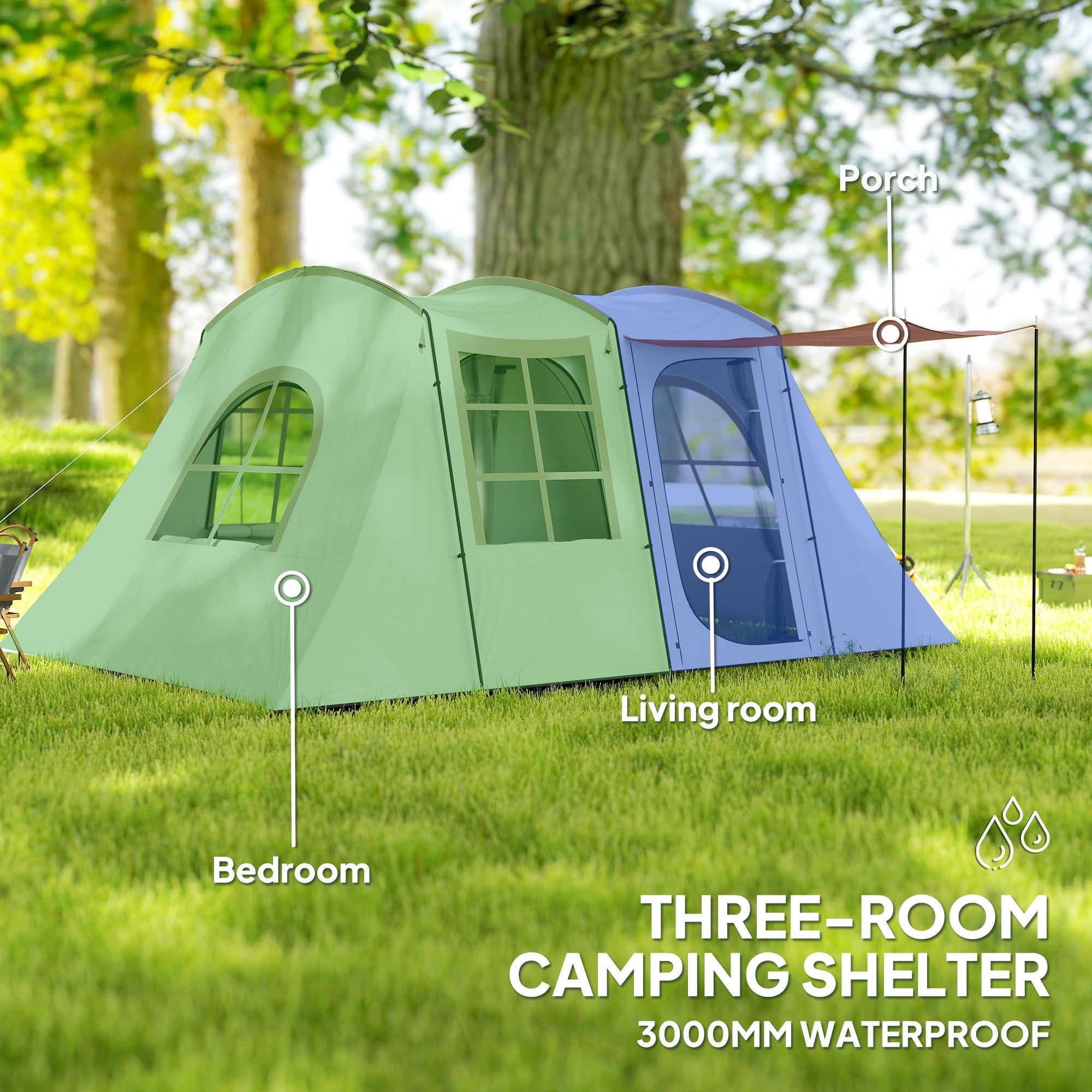 Outsunny 3-4 Man Tunnel Tent, Family Camping Tent with Porch, Bedroom and Living Area, Sewn in Groundsheet, 3000mm Waterproof, Portable with Bag for Hiking, Festival, Backpacking, Khaki - North Peak Garden Furniture