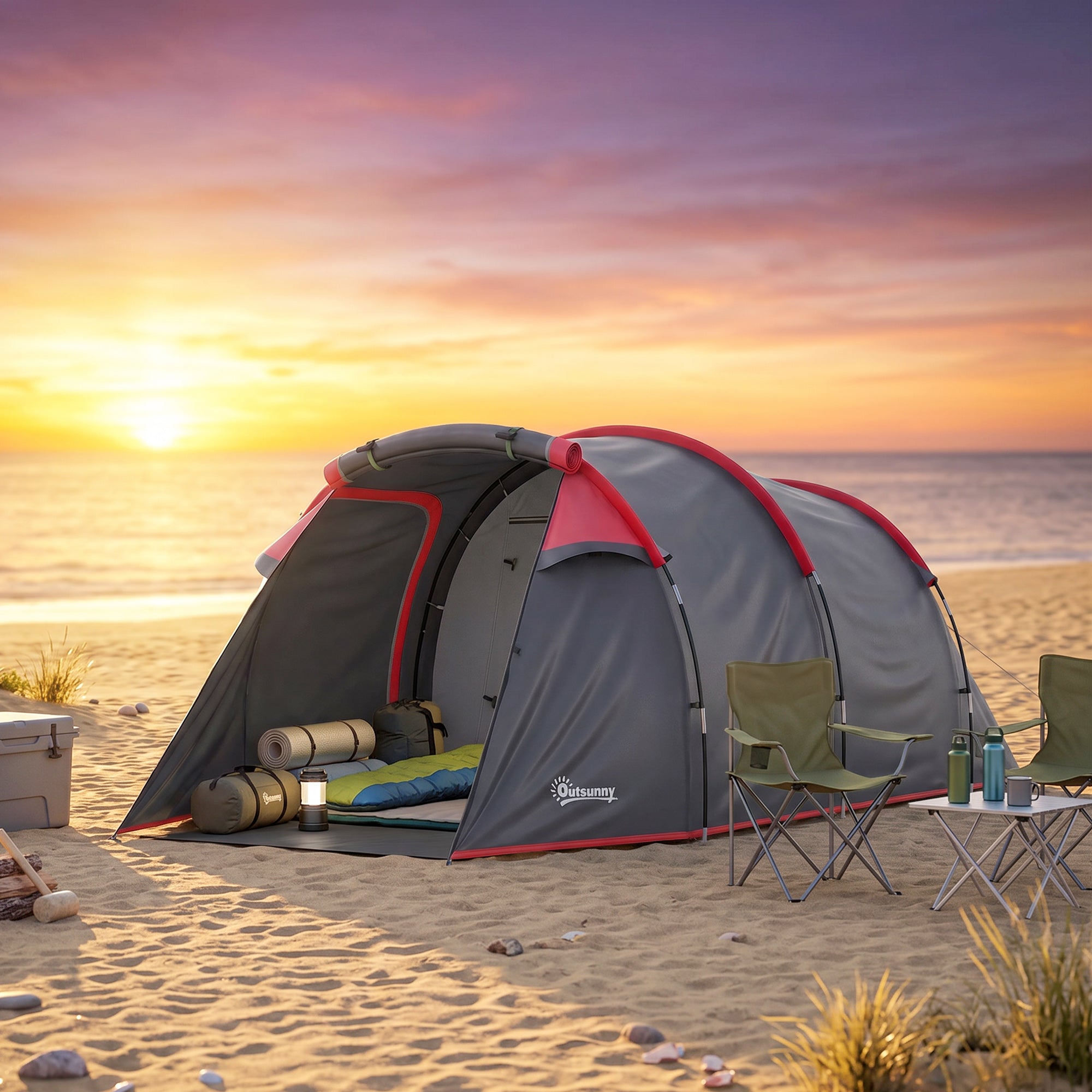 Outsunny 2-3 Person Tunnel Tent with Sewn-in Groundsheet, Air Vents, Rainfly, 2000mm Water Column, Camping Tent with 1 Bedroom, Inbuilt Porch, Living Area for Camping, Hiking, Grey