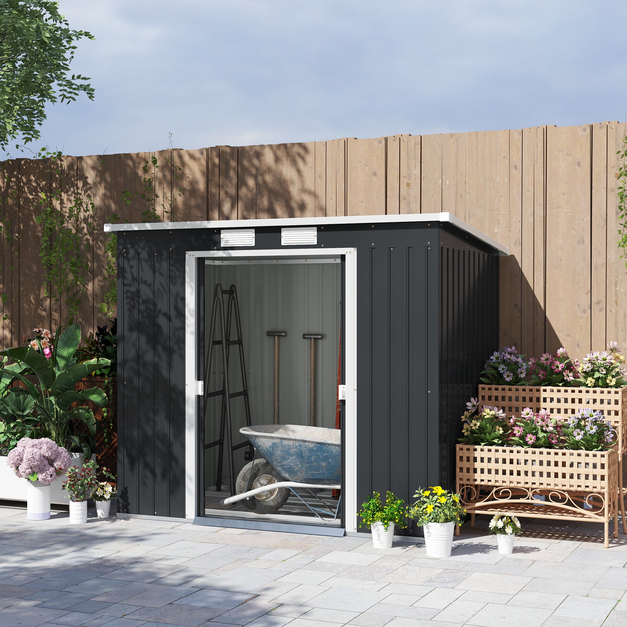 Outsunny Outdoor Lean to Garden Metal Equipment Tool Storage Shed w/ Foundation Kit, Double Door, Vents and Sloped Roof, Dark Grey