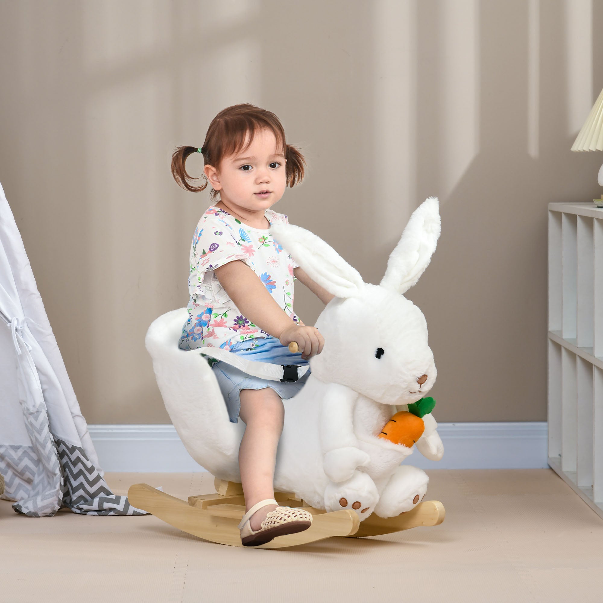 HOMCOM Kids Rabbit-Shaped Rocking Horse, with Safety Belt, Realistic Sounds, for Ages 18-36 Months - White - North Peak Garden Furniture