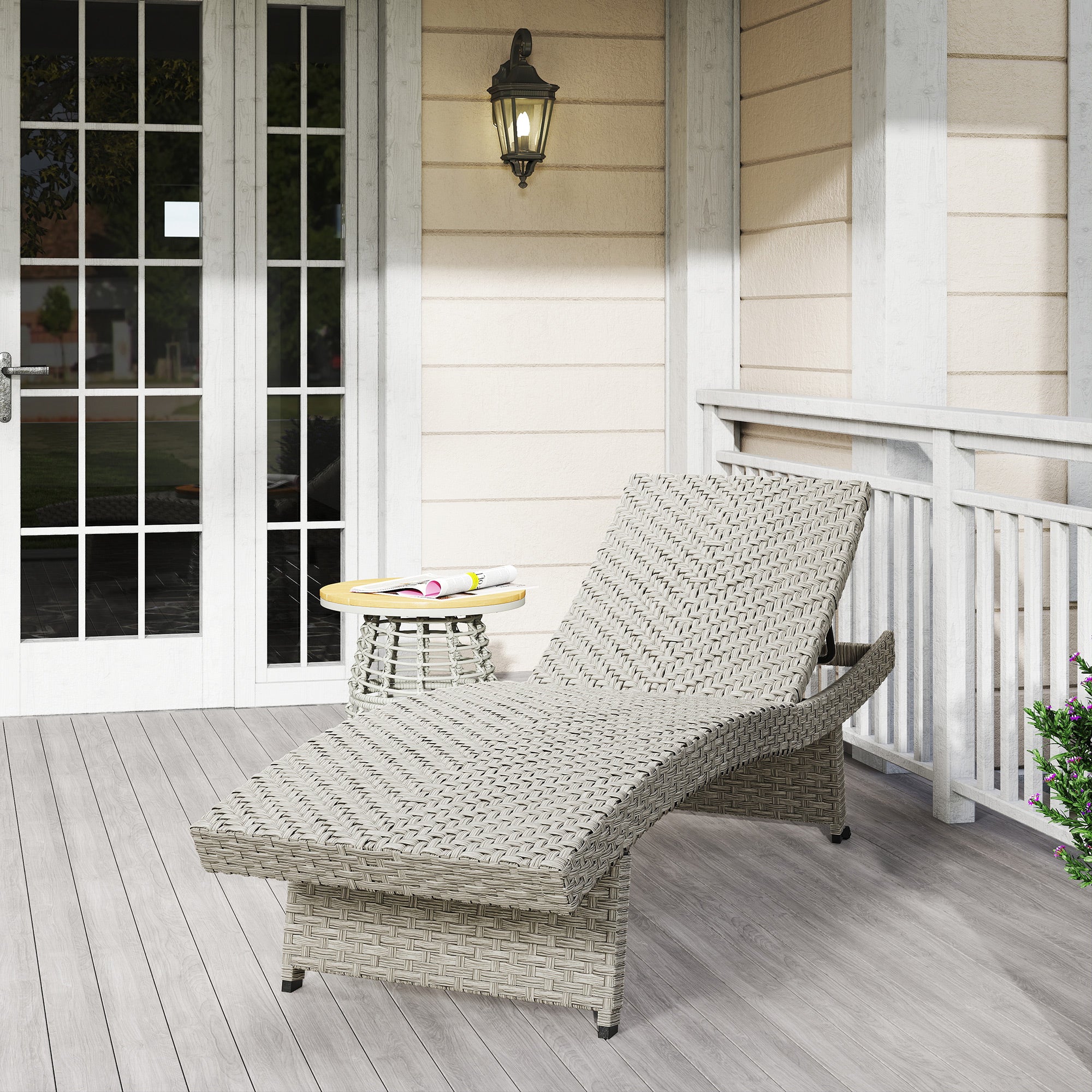 Outsunny Outdoor PE Rattan Sun Lounger, Folding Wicker Garden Lounger Recliner with 4-Level Adjustable Backrest, Rolling Sunbed Lounge Chair with Wheels, Non-Slip Legs for Balcony, Beach, Grey - North Peak Garden Furniture