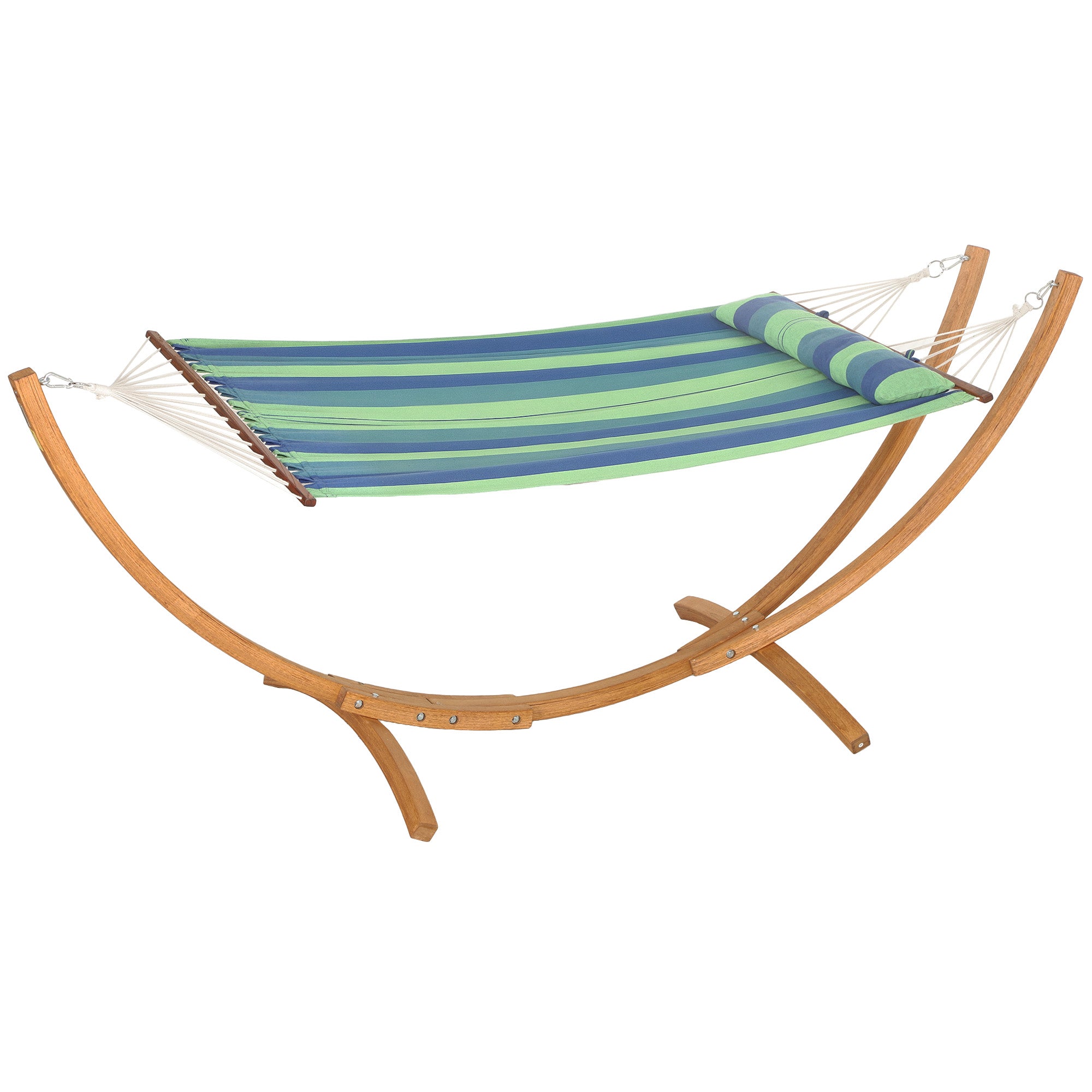Outsunny Outdoor Hammock with Stand, Garden Hammock with Triple-Head Eucalyptus Wood Arc Frame, 1 Person Cotton Bed and Head Pillow, Freestanding Garden Swing Bed for Patio, Blue Stripe - North Peak Garden Furniture
