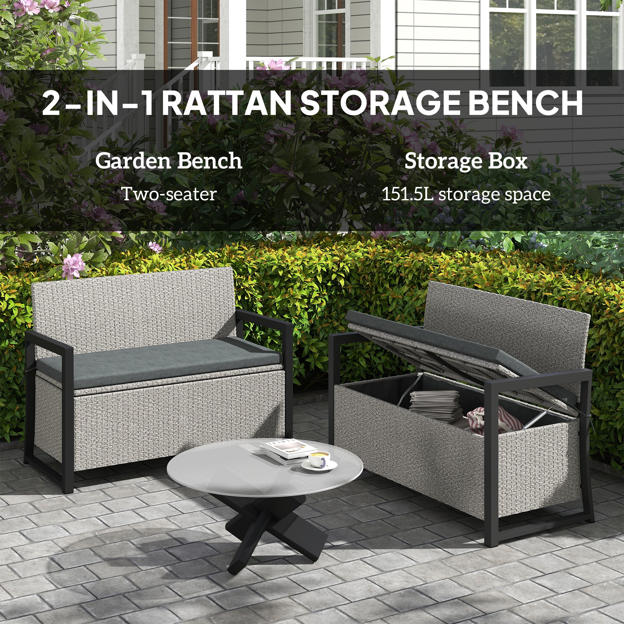 Outsunny 151.5L Storage Garden Bench, with Cushion - Grey - North Peak Garden Furniture