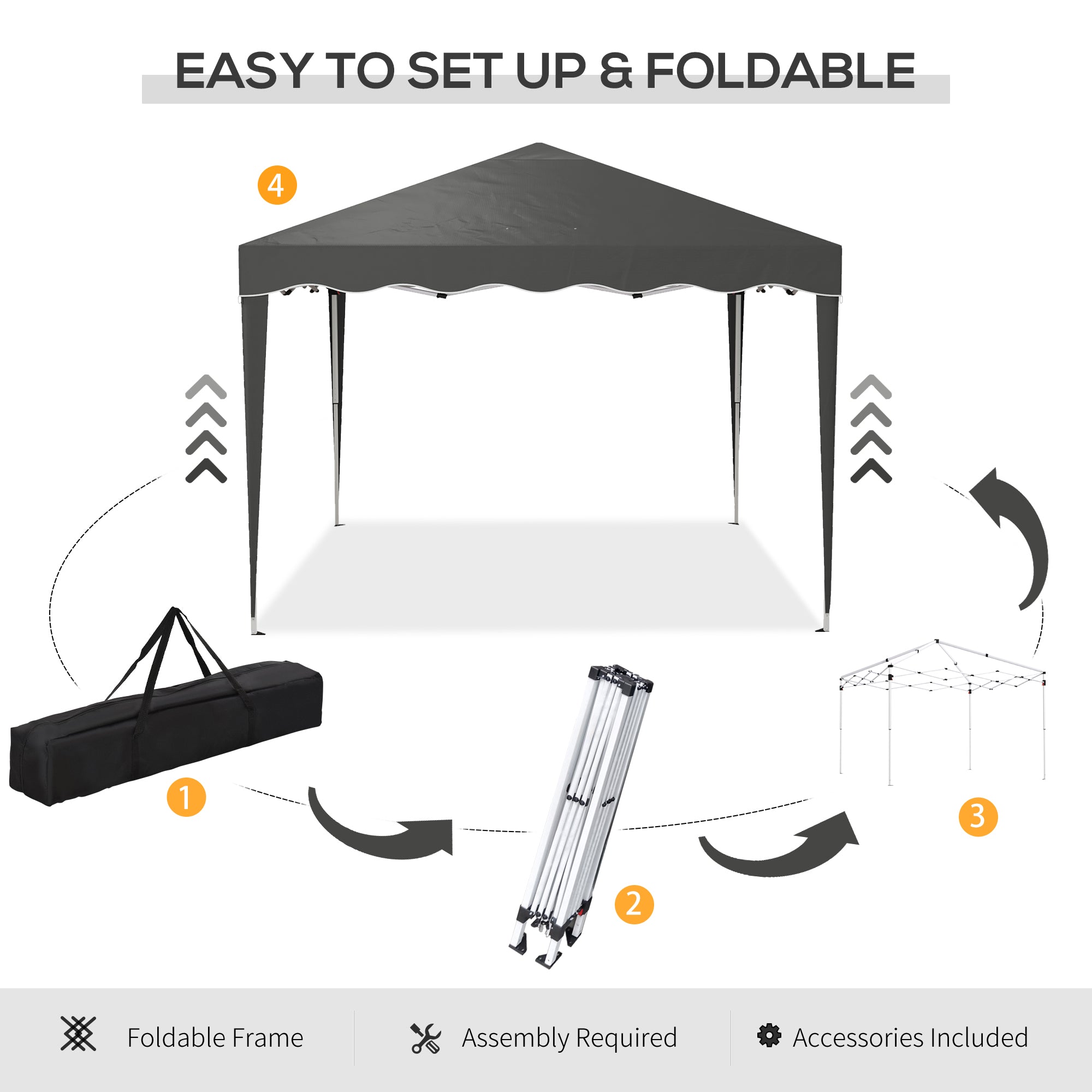 Outsunny 3 x 3cm Adjustable Height Pop-Up Gazebo, with Bag - Grey - North Peak Garden Furniture