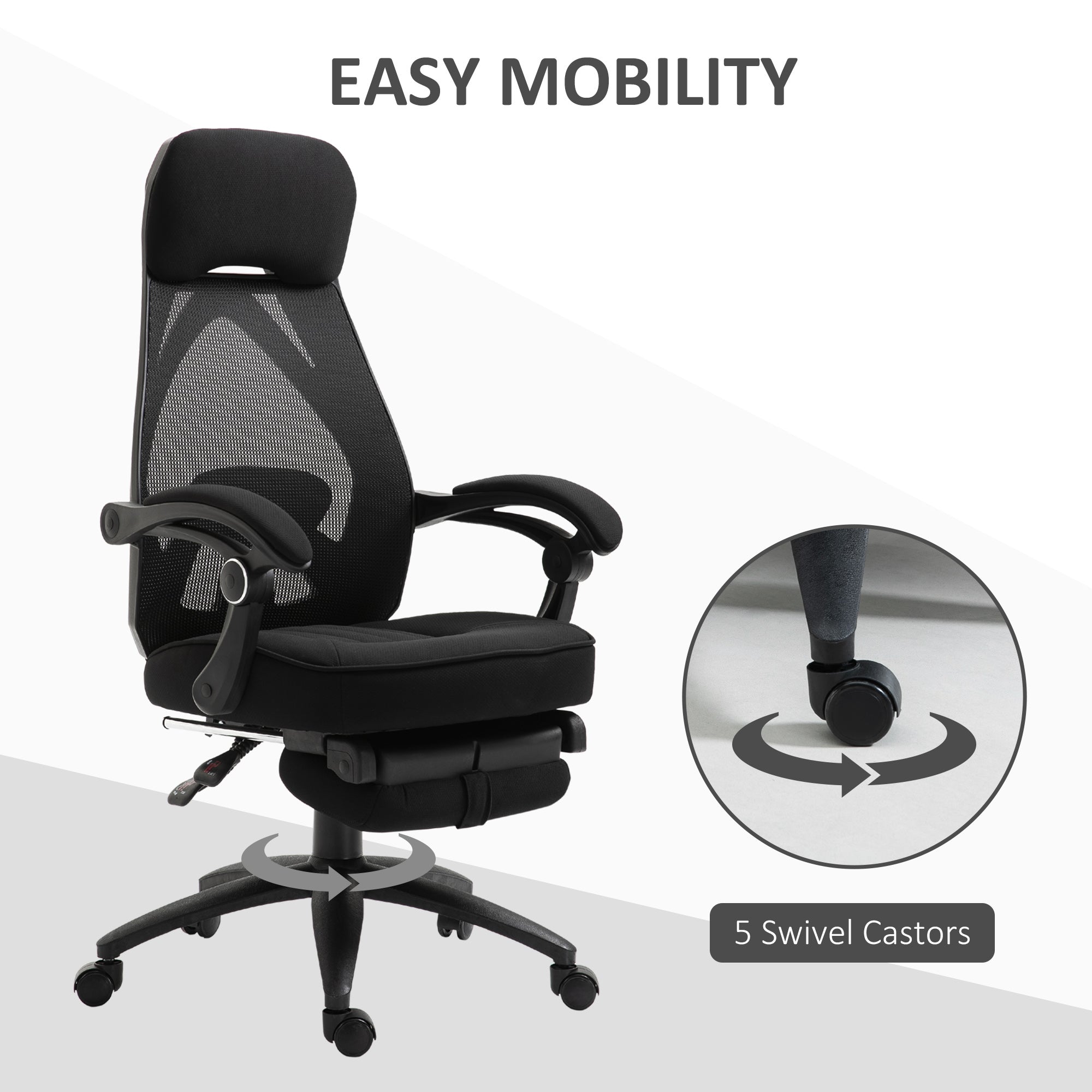 Vinsetto Office Chair with Footrest,High Back Swivel Desk Chair with Adjustable Height and Headrest for Home Office, Black - North Peak Garden Furniture