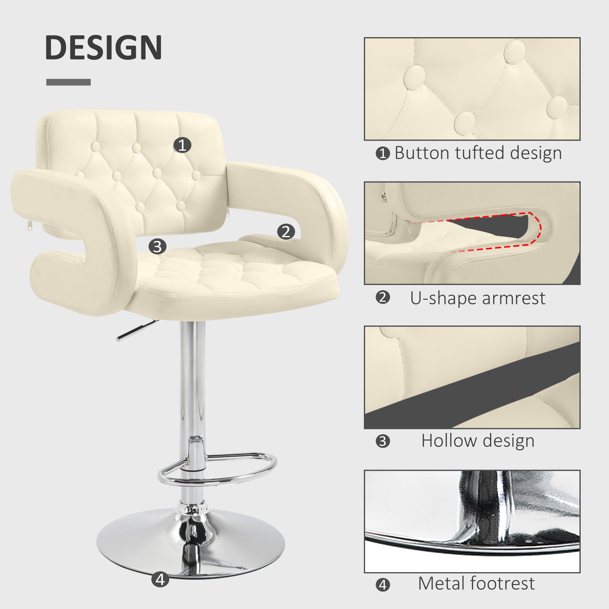 HOMCOM PU Leather Upholstered Swivel Bar Stool, Height Adjustable Barstool with Back, Armrest, Footrest for Kitchen - North Peak Garden Furniture