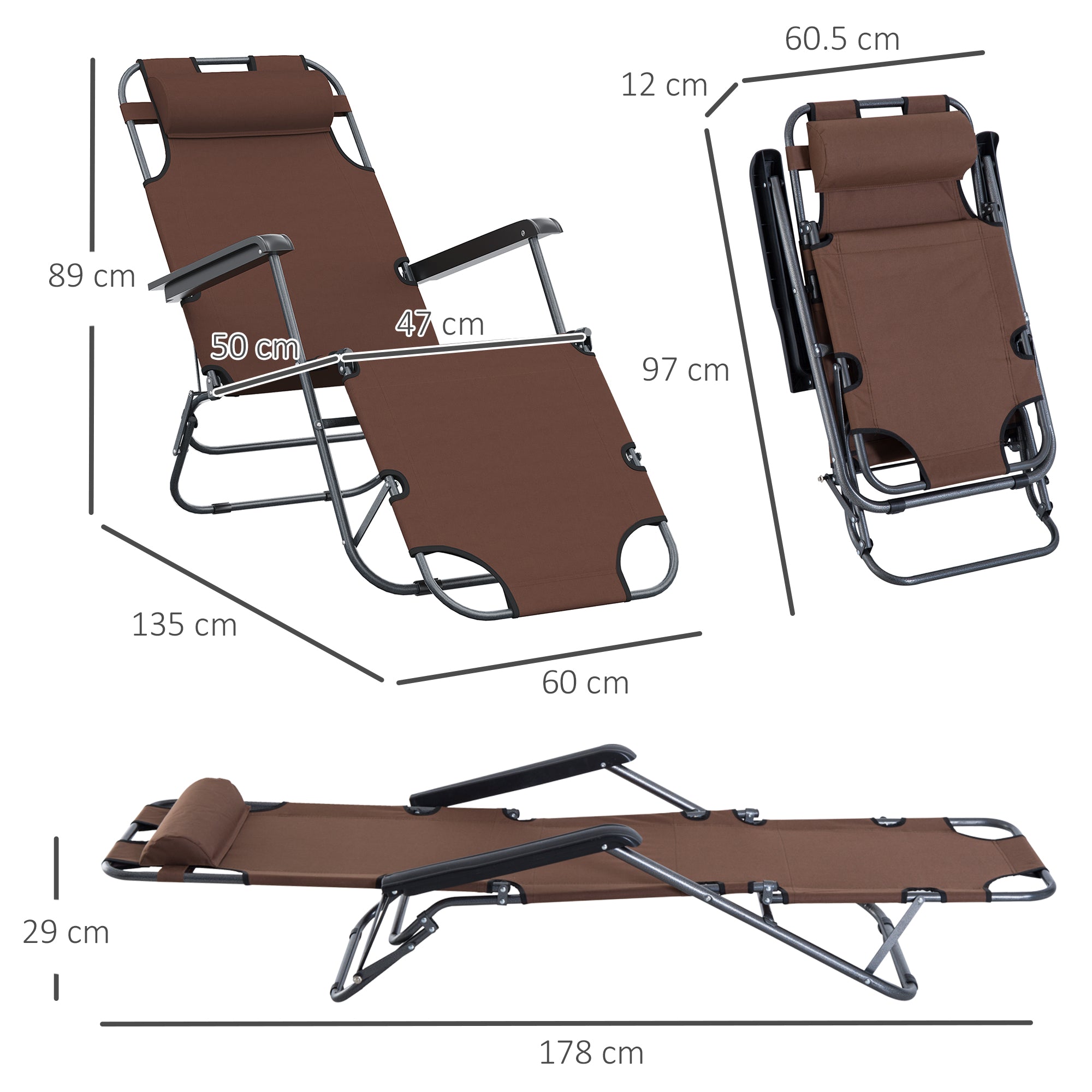 Outsunny 2 Pieces 2 in 1 Sun Lounger Folding Reclining Chair Garden Outdoor Camping Adjustable Back with Pillow, Brown