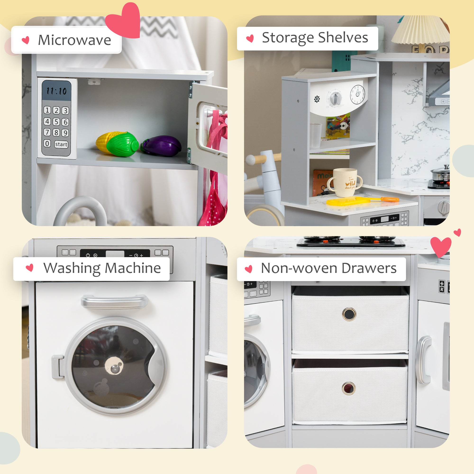 AIYAPLAY Toy Kitchen with Running Water, Lights, Sounds, Apron and Chef Hat, Water Dispenser, for Ages 3-6 Years, Grey - North Peak Garden Furniture