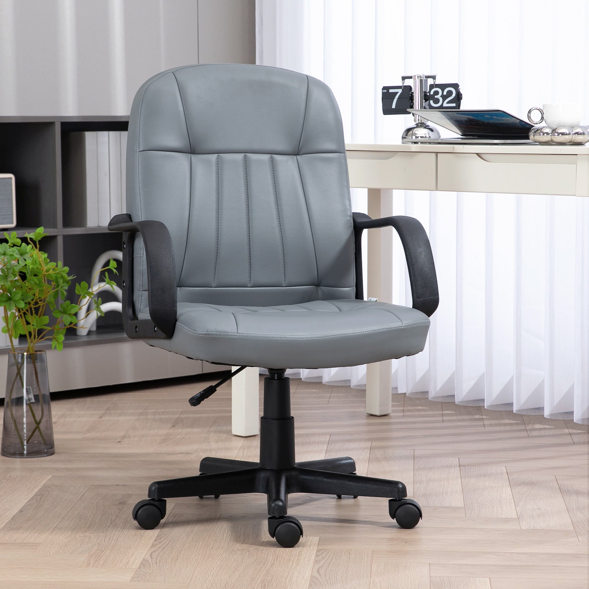 HOMCOM Swivel Executive Office Chair PU Leather Computer Desk Chair Office Furniture Gaming Seater - Grey - North Peak Garden Furniture