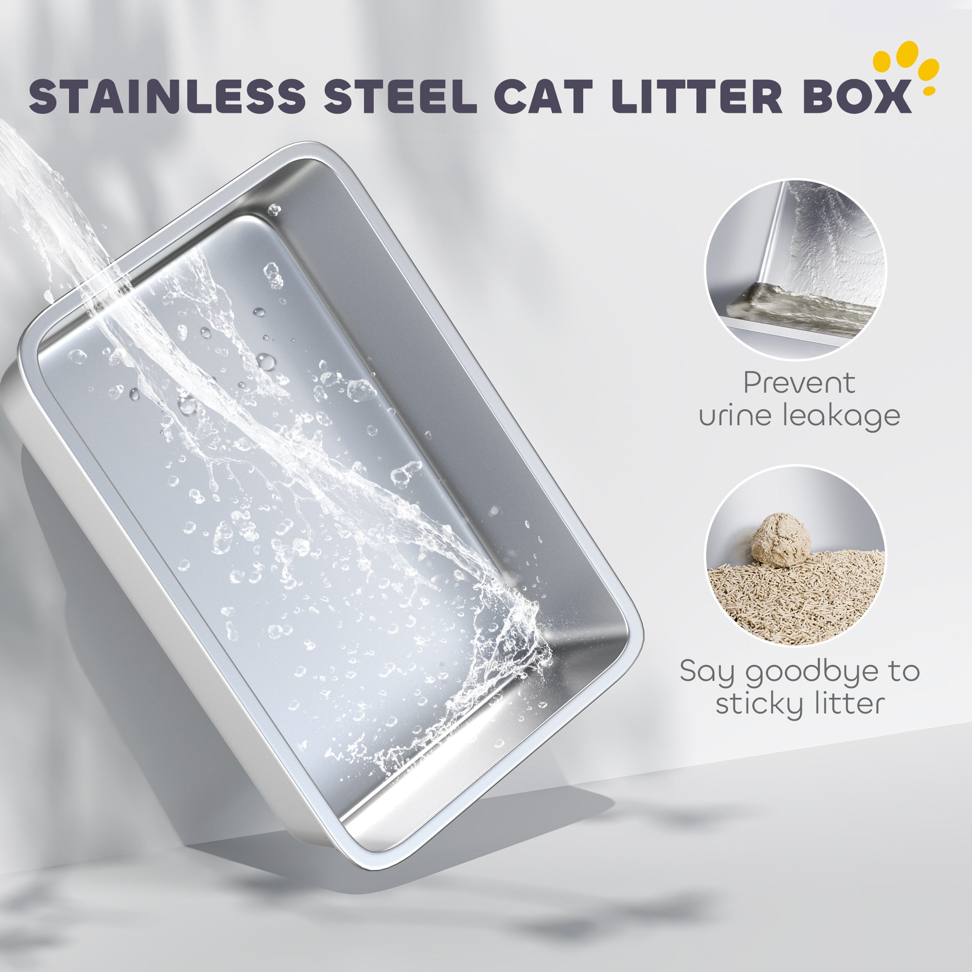 PawHut Stainless Steel Cat Litter Box with Removable Lid, Scoop, Filter Bags, for Larger Cats, White