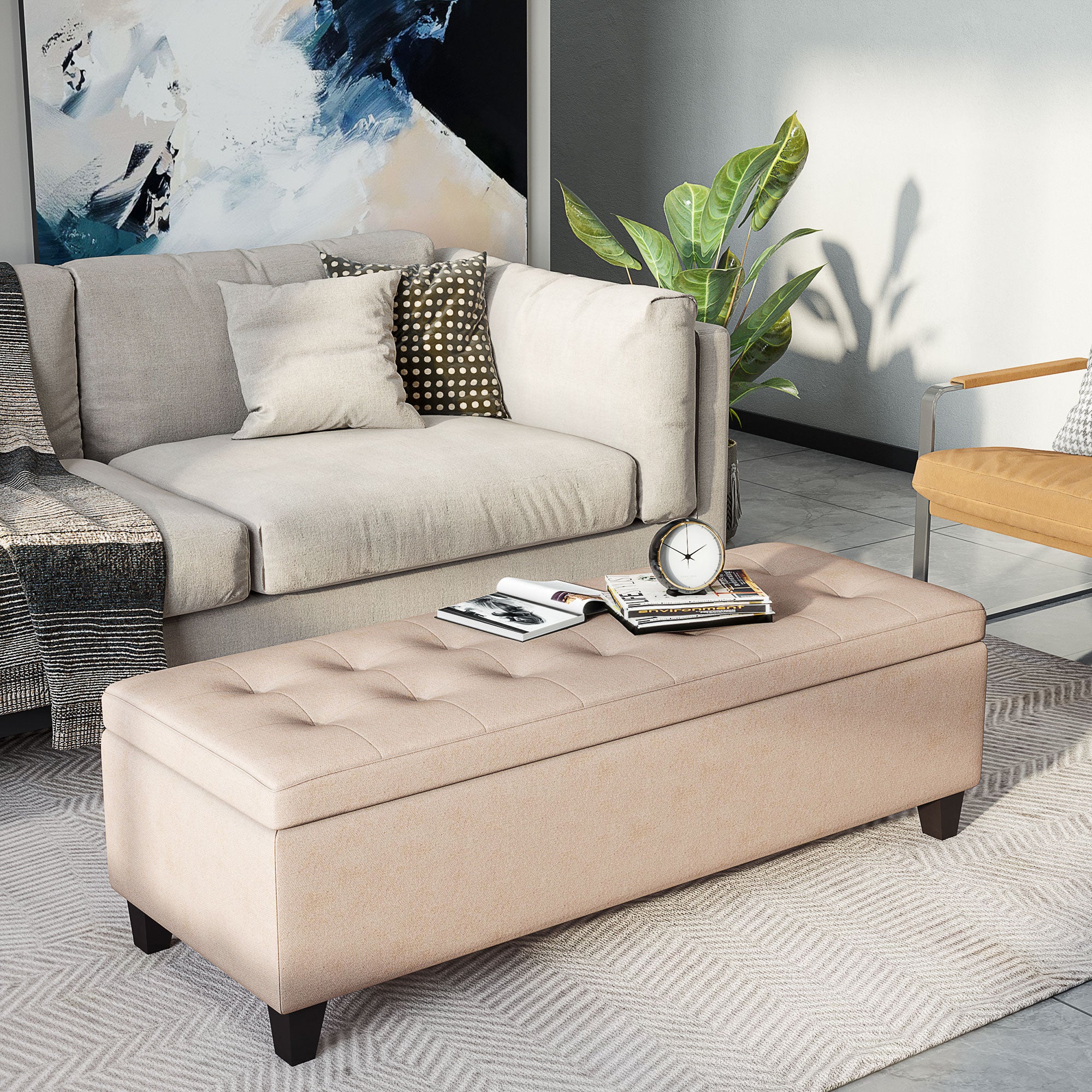HOMCOM Linen Storage Ottoman, End of Bed Bench, Padded Footrest Seat with Tufting Design, Hinged Lid and Wood Frame 125L x 49W x 41.5H cm Beige - North Peak Garden Furniture
