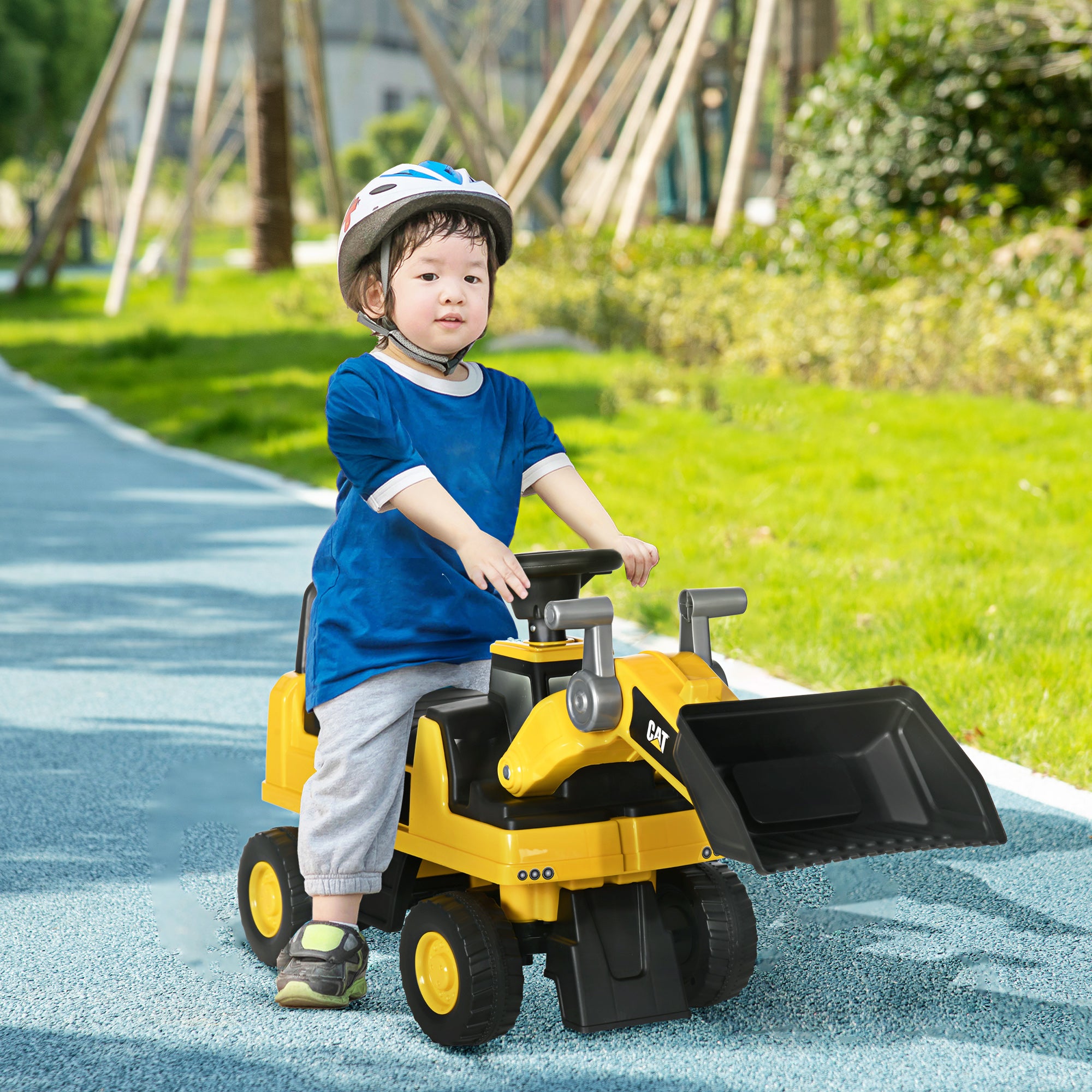 HOMCOM CAT Licensed Kids Construction Ride-On Toddler Digger Excavator Foot-To-Floor Ride-On Toy w/ Manual Shovel, Horn, Hidden Storage, for Ages 1.5-3 Years - North Peak Garden Furniture