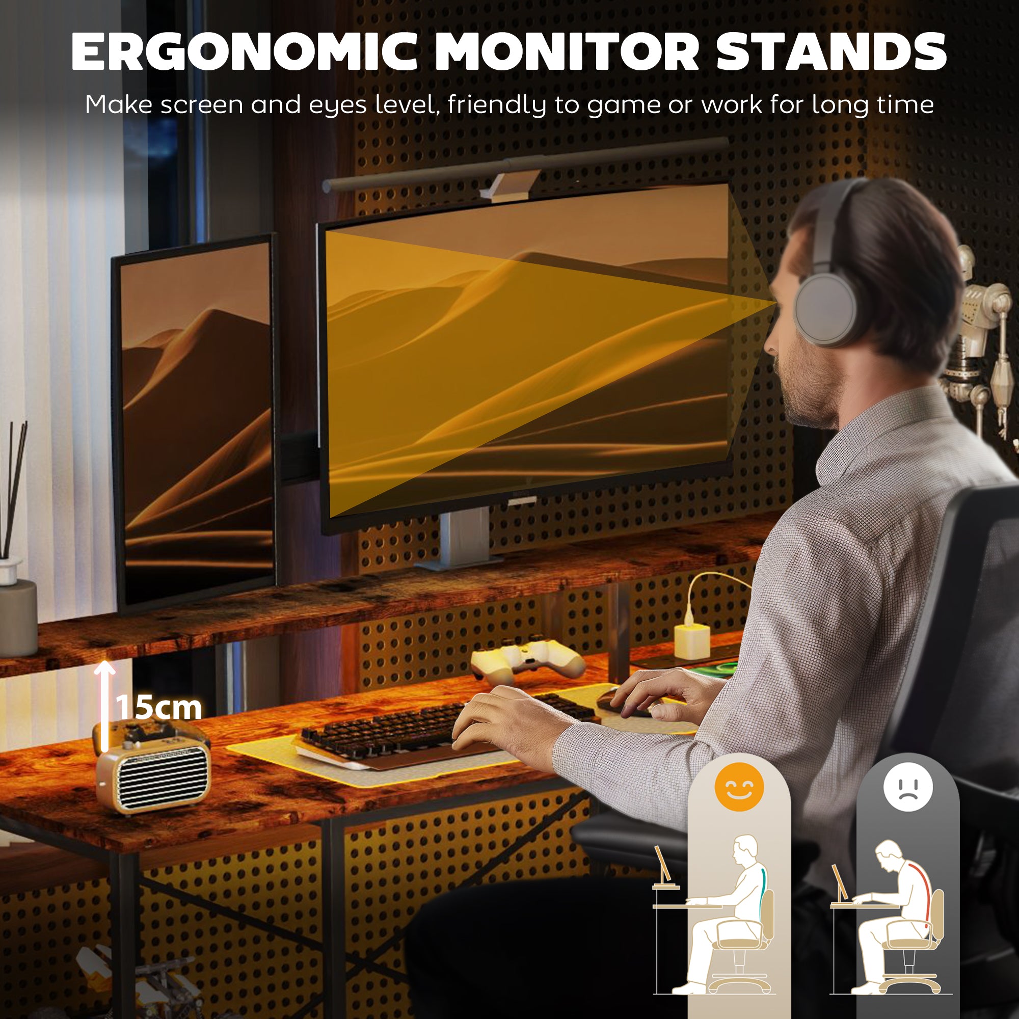 HOMCOM L Shaped Gaming Desk with LED Lights and Power Outlets, 150cm Corner Computer Desk with Monitor Stand and Storage Shelves, Home Office Desk for Small Space, Rustic Brown - North Peak Garden Furniture