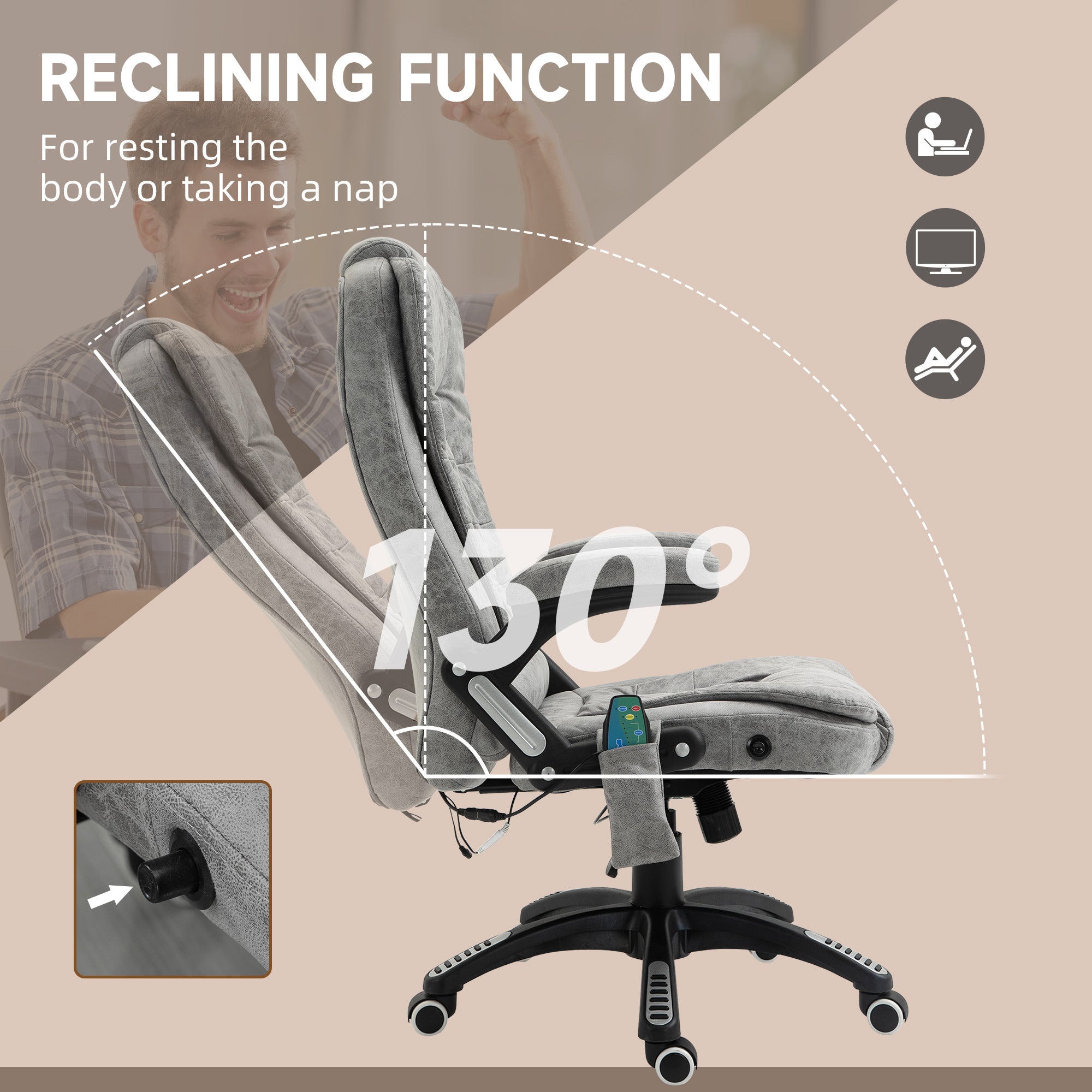 Vinsetto Massage Recliner Chair Heated Office Chair with Six Massage Points Microfiber Cloth 360° Swivel Wheels Grey - North Peak Garden Furniture
