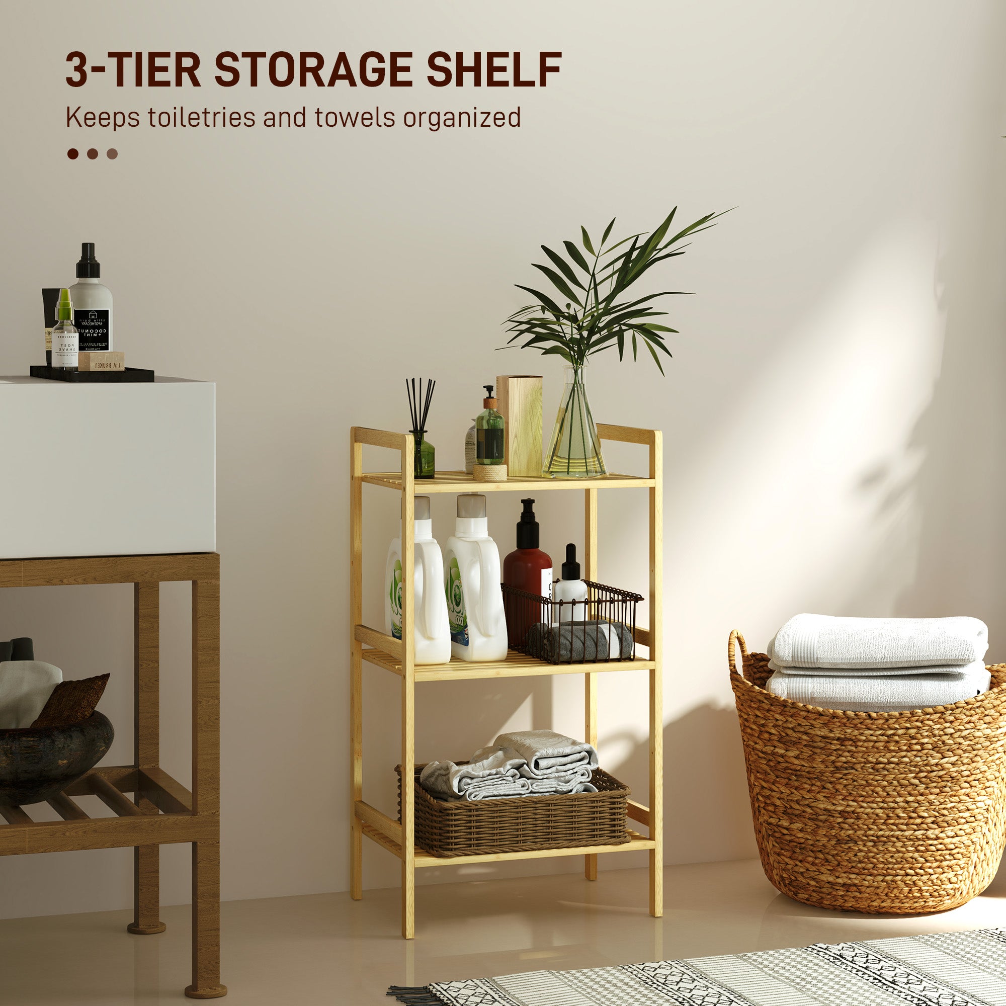 HOMCOM Three-Tier Bamboo Adjustable Shelf Storage Unit - North Peak Garden Furniture