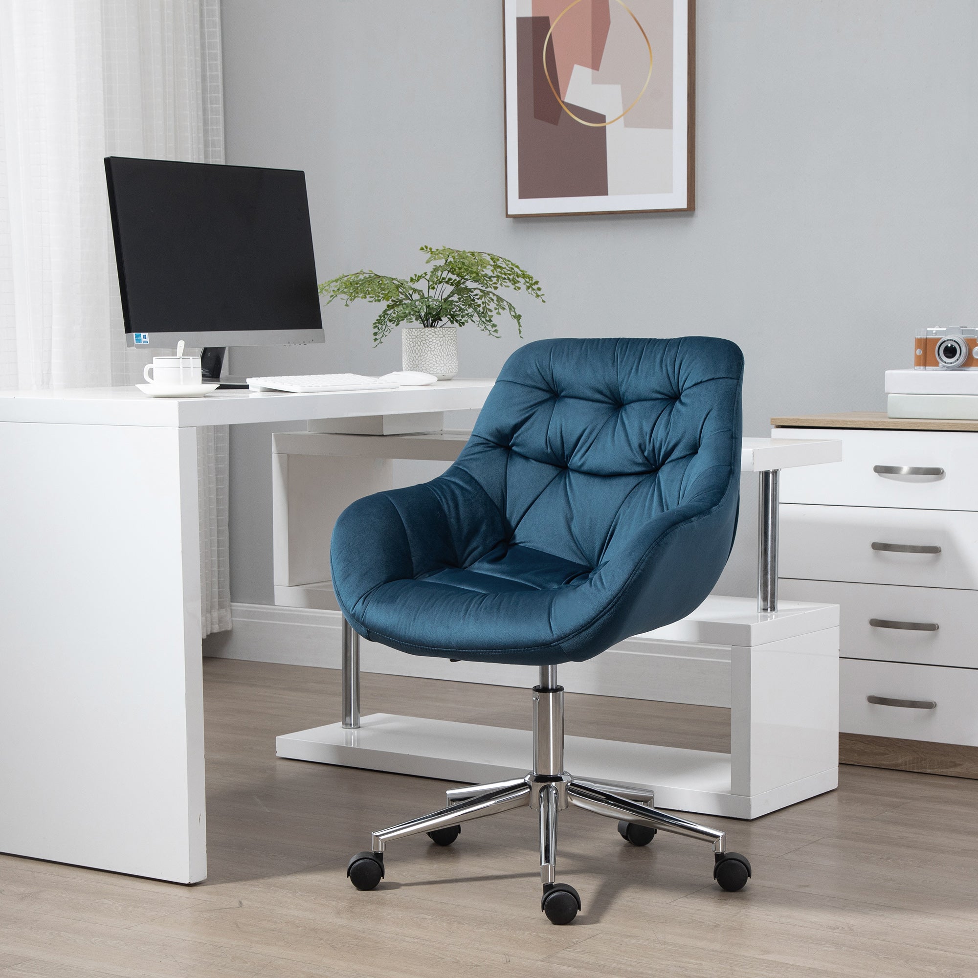 Vinsetto Home Office Chair Velvet Ergonomic Computer Chair Comfy Desk Chair with Adjustable Height, Arm and Back Support, Blue - North Peak Garden Furniture