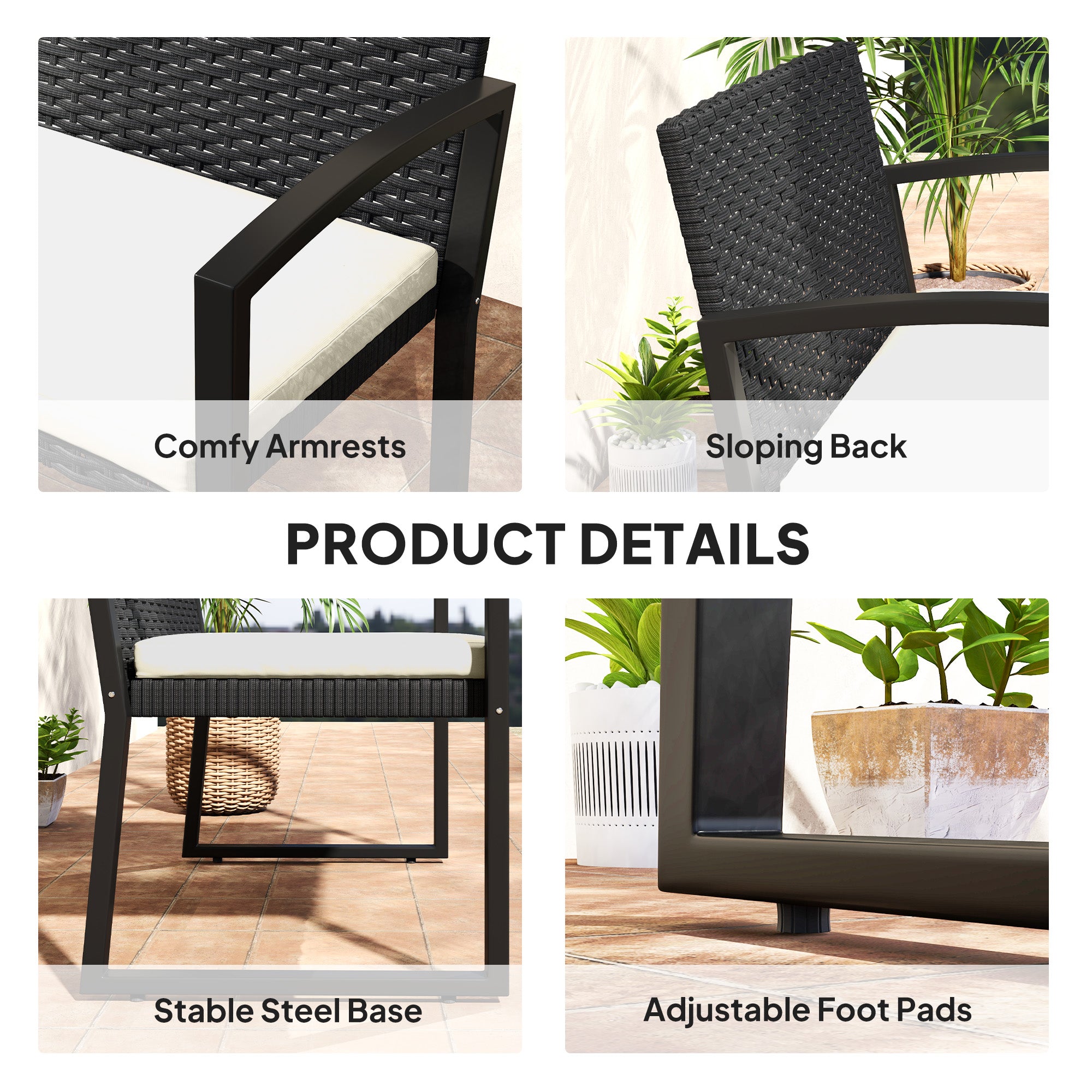 Outsunny Two-Seater Rattan Garden Bench - Beige/Black - North Peak Garden Furniture