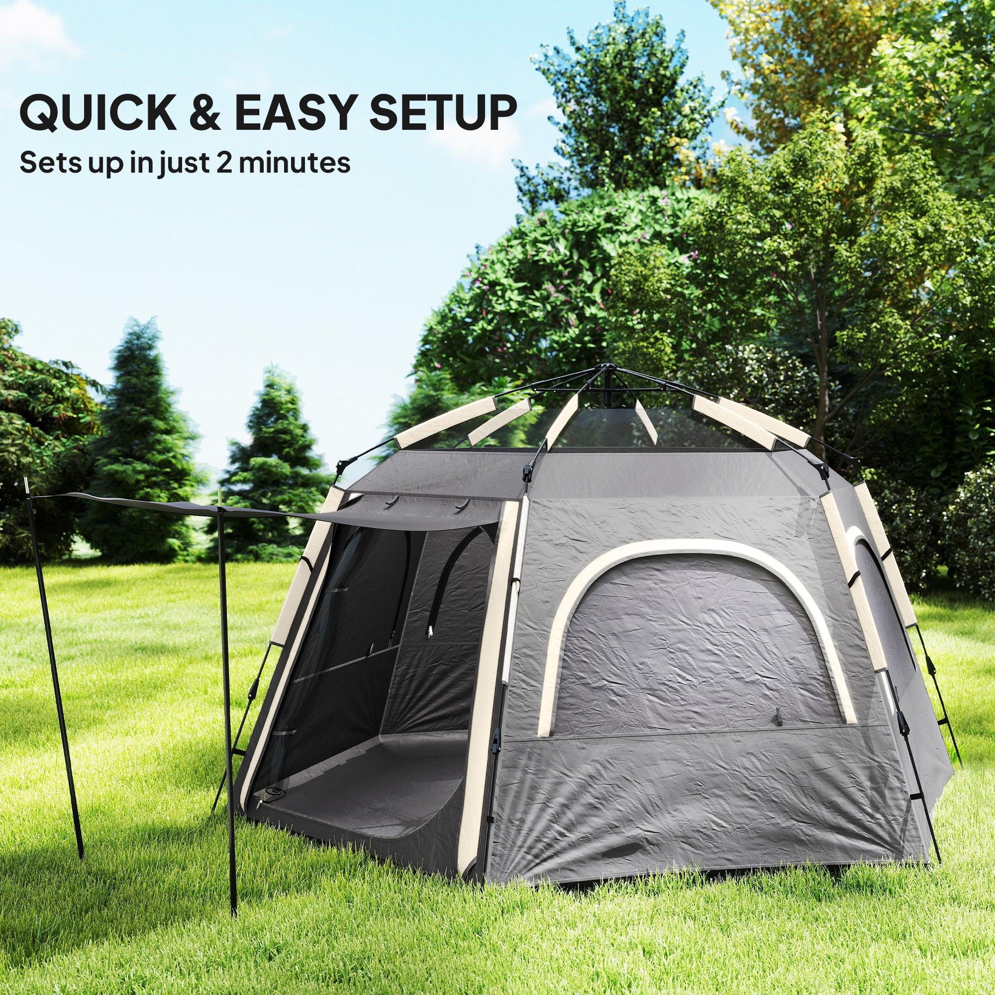 Outsunny Instant Camping Tent, 2/3/4 Person Easy Setup Family Tent with Vestibule, Rainfly, 4 Mesh Windows & 2 Doors, Hexagonal Design, Waterproof UV Protected Dome Tent, Dark Grey - North Peak Garden Furniture