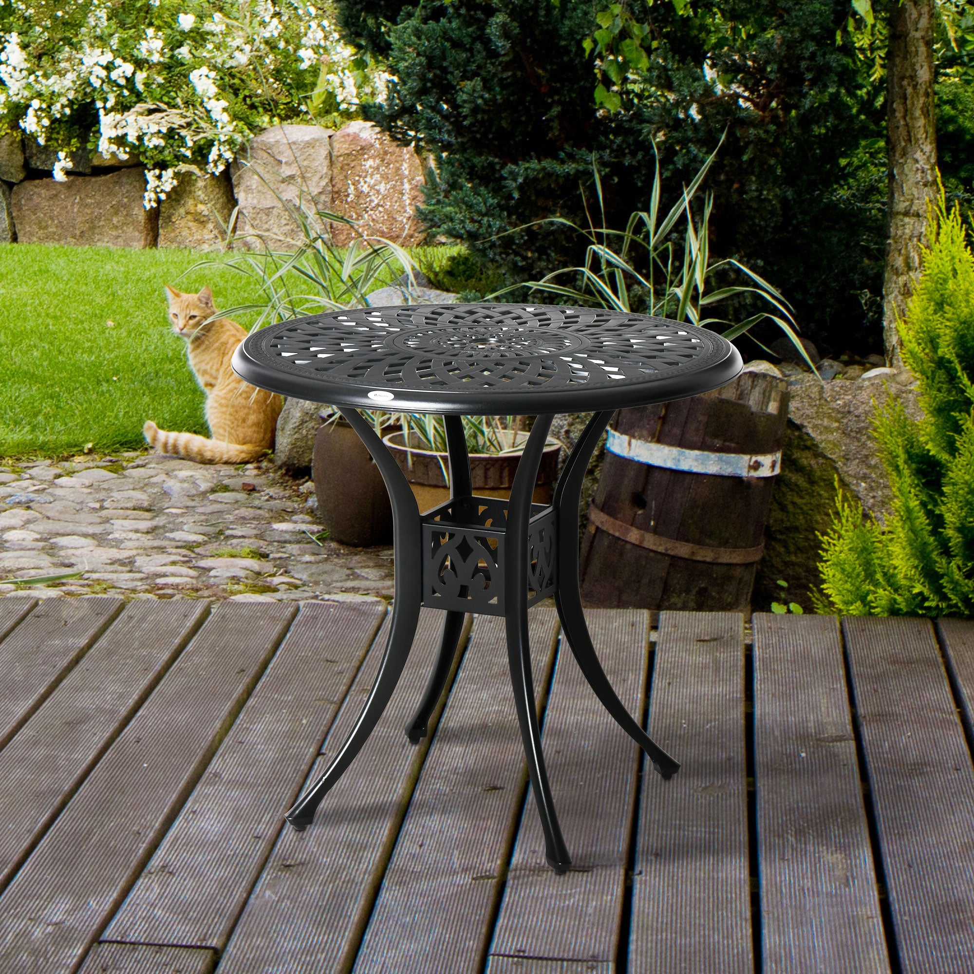 Outsunny 78cm Round Garden Dining Table with Parasol Hole Antique Cast Aluminium Outdoor Table Only, Black - North Peak Garden Furniture