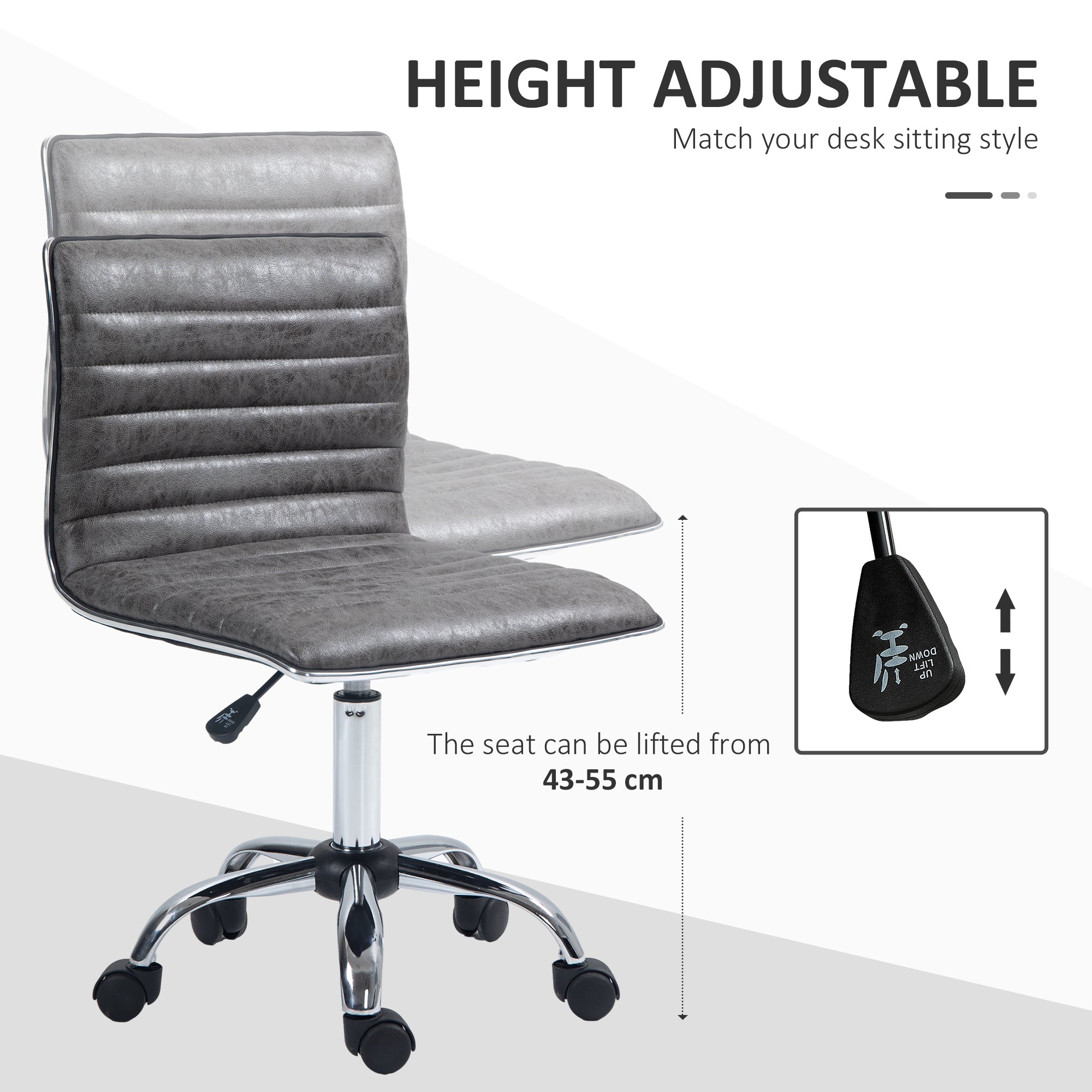 HOMCOM Adjustable Swivel Office Chair with Armless Mid-Back in Microfibre Cloth and Chrome Base - Grey - North Peak Garden Furniture
