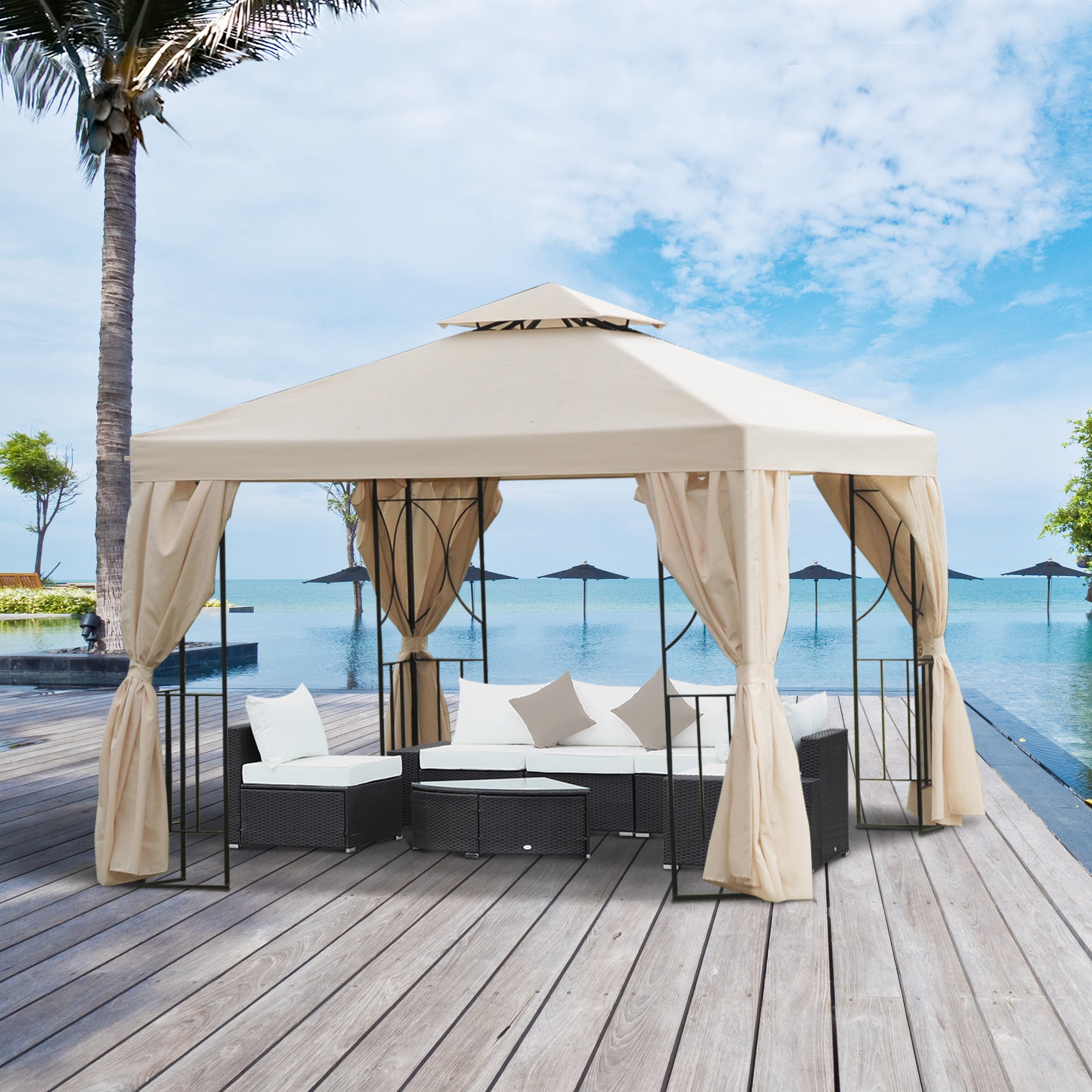 Outsunny 3 x 3 m Garden Gazebo Double Roof Marquee Patio Wedding Party Tent Canopy Shelter with Sidewalls, (Beige) - North Peak Garden Furniture