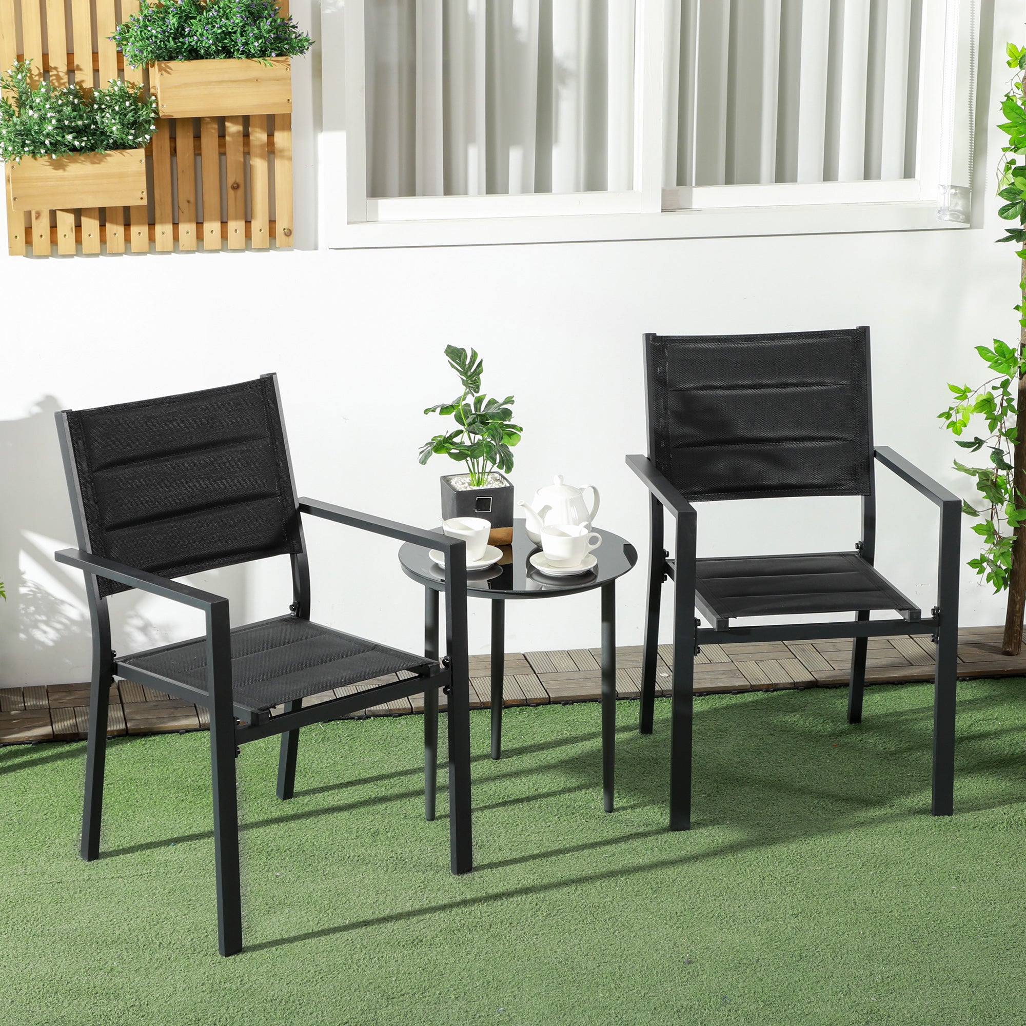 Outsunny Set of Two Aluminium Stacking Garden Chairs - Black - North Peak Garden Furniture