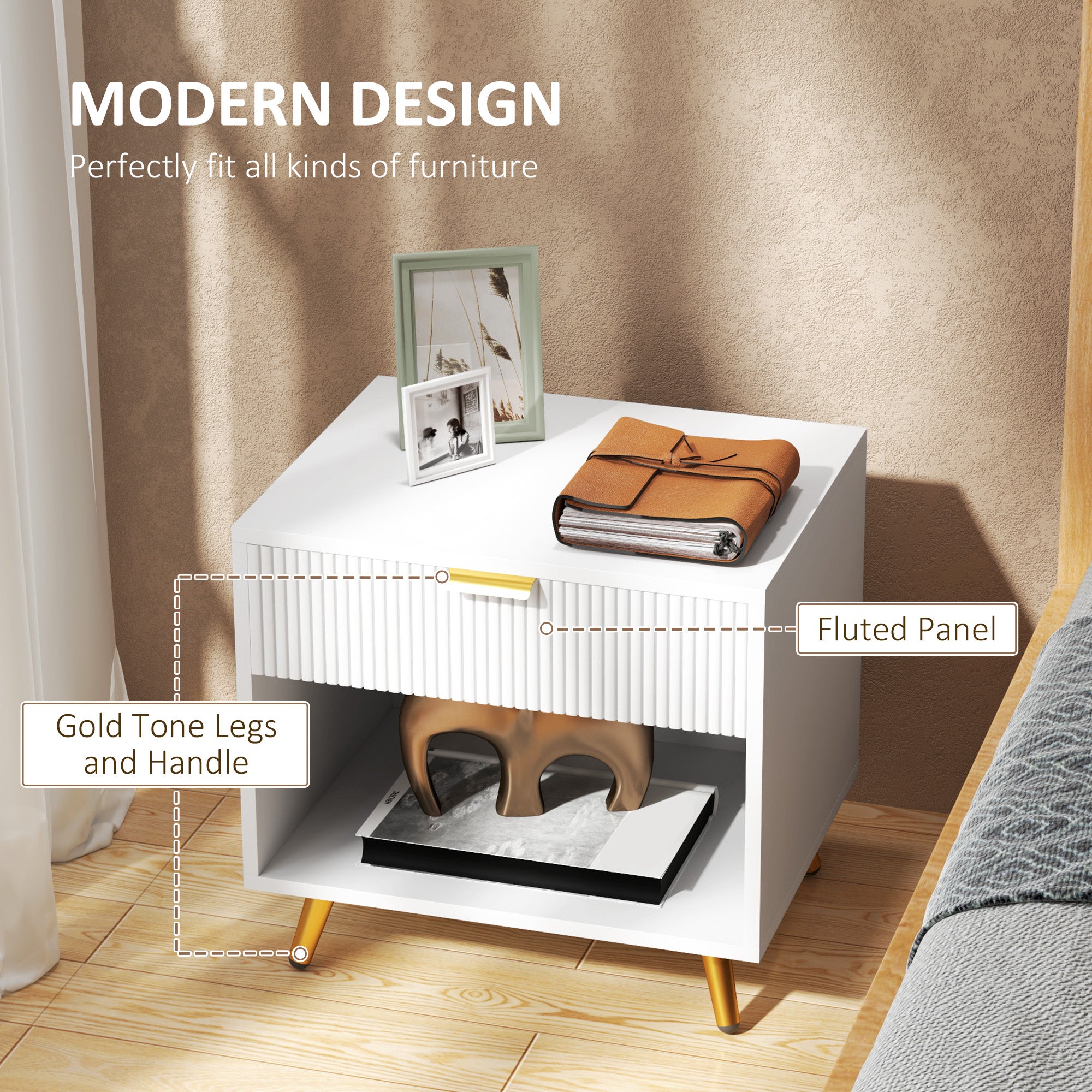 HOMCOM Elegant Bedside Table, with Drawer and Shelf - White/Gold Tone - North Peak Garden Furniture
