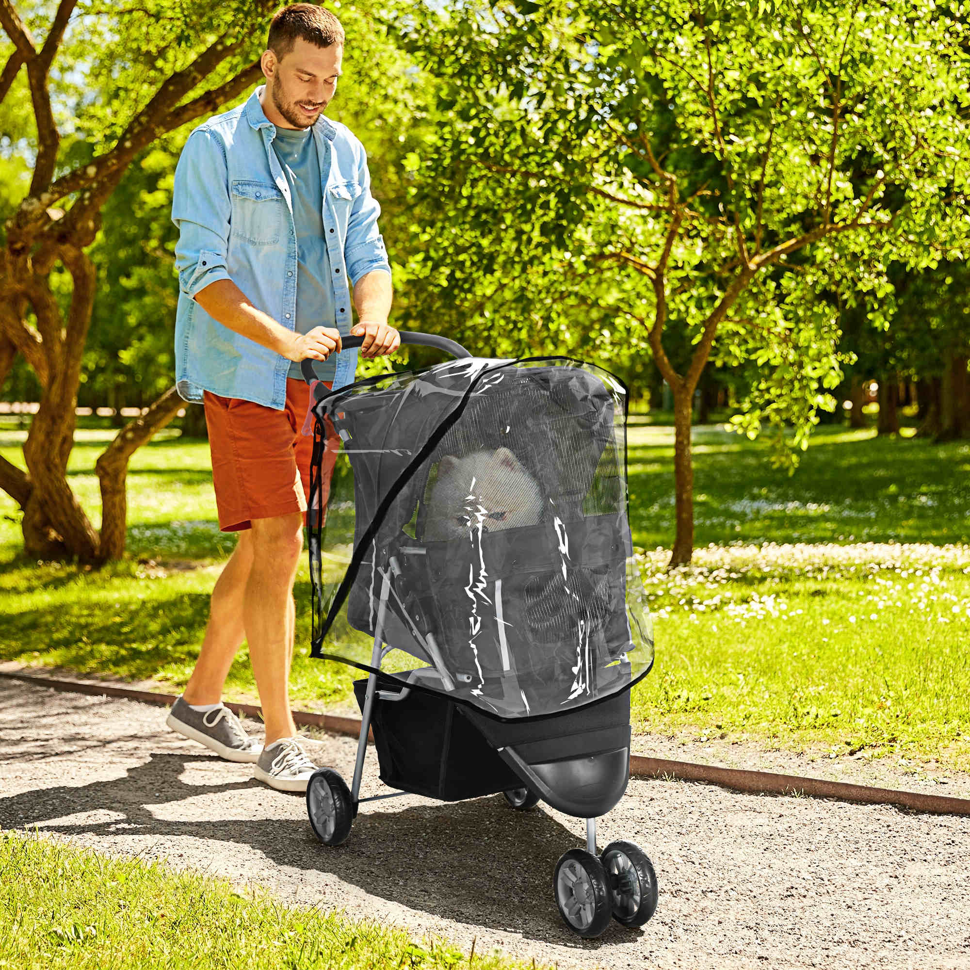 PawHut Pet Travel Stroller with Rain Cover, 3 Wheels Foldable Cat Dog Pushchair with Storage Basket and Cupholder for Small Miniature Dogs(Black) - North Peak Garden Furniture