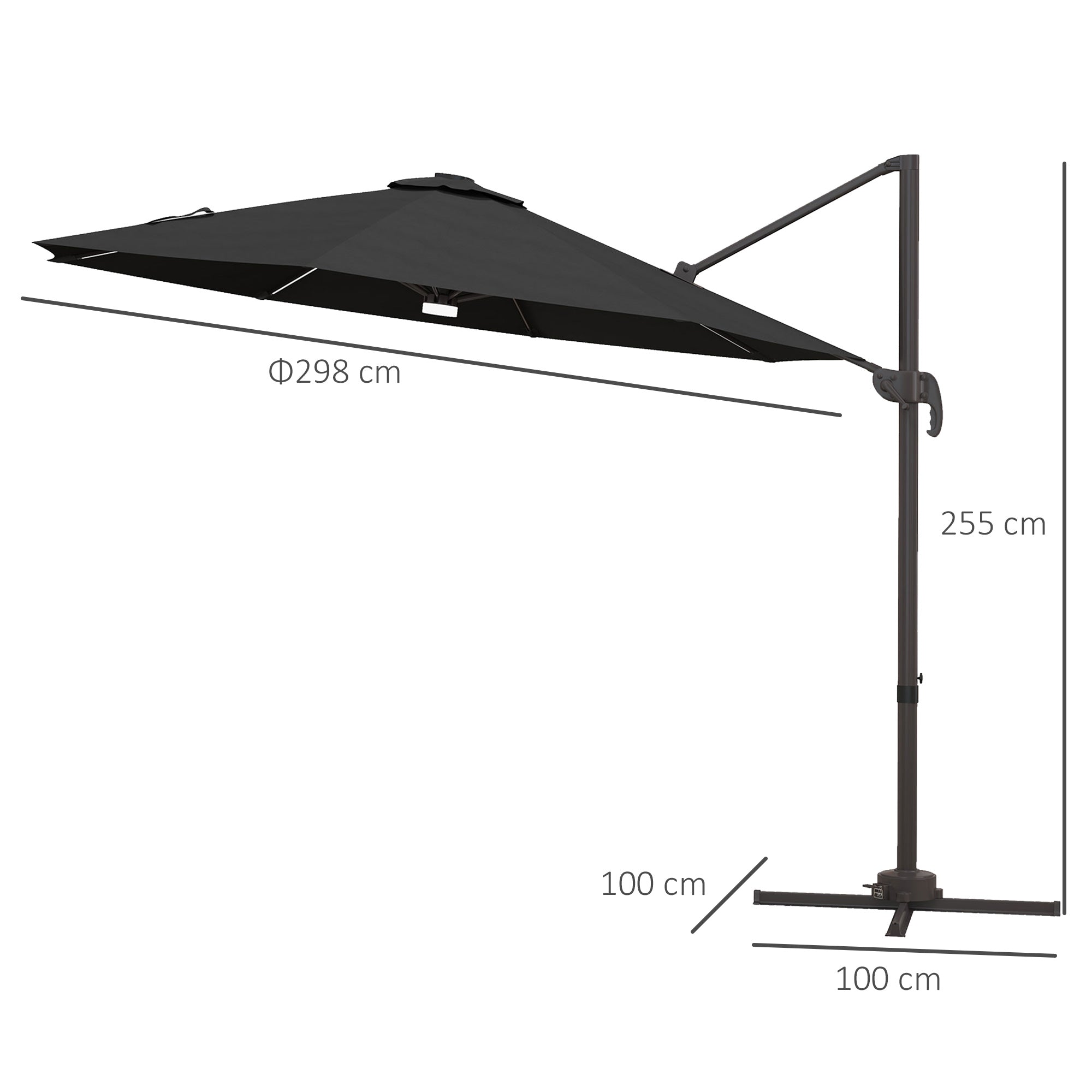 Outsunny Cantilever Parasol, with LED Lights and Cross Base - Dark Grey