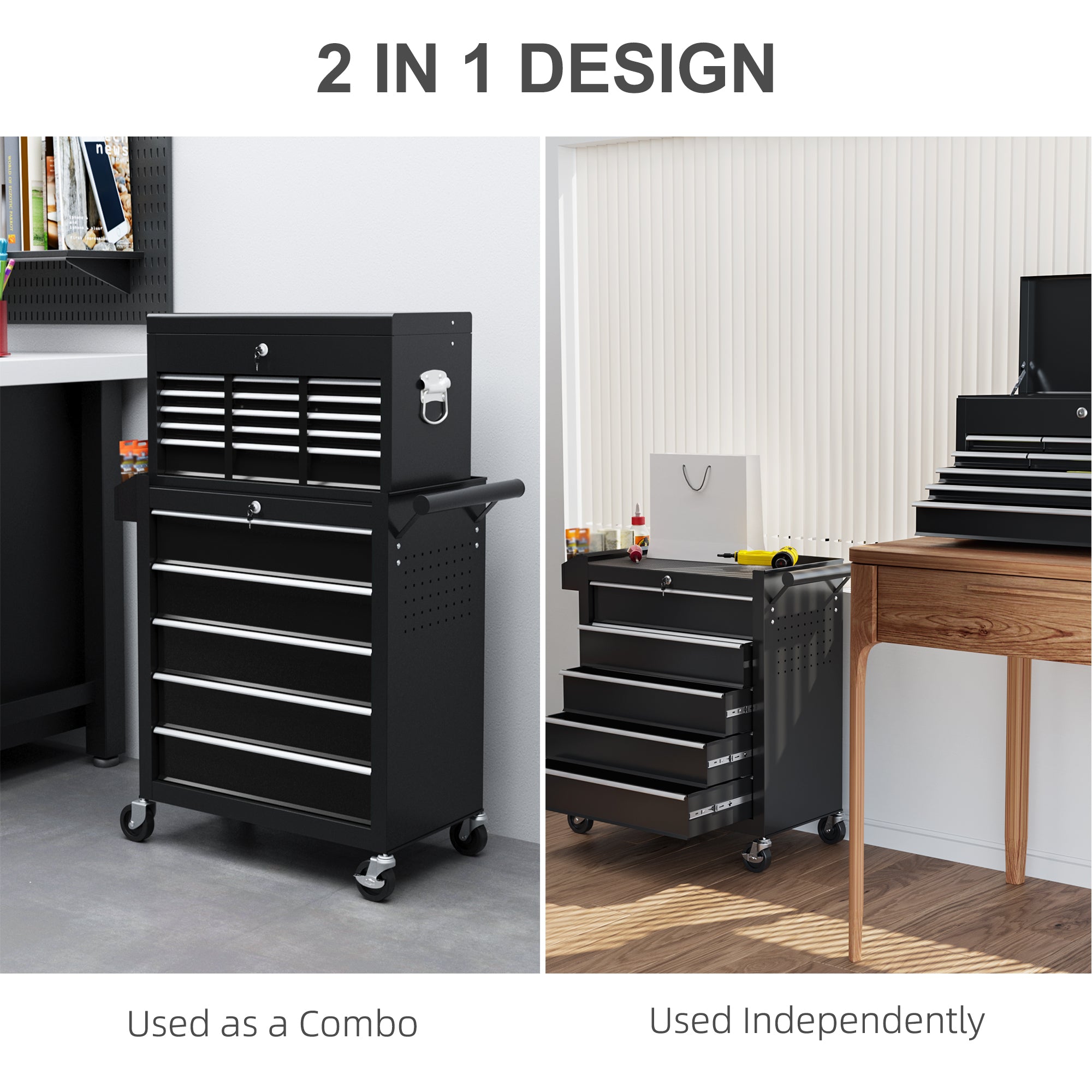 HOMCOM 19 Drawer, Two-Part Tool Storage Chest on Wheels - Black - North Peak Garden Furniture