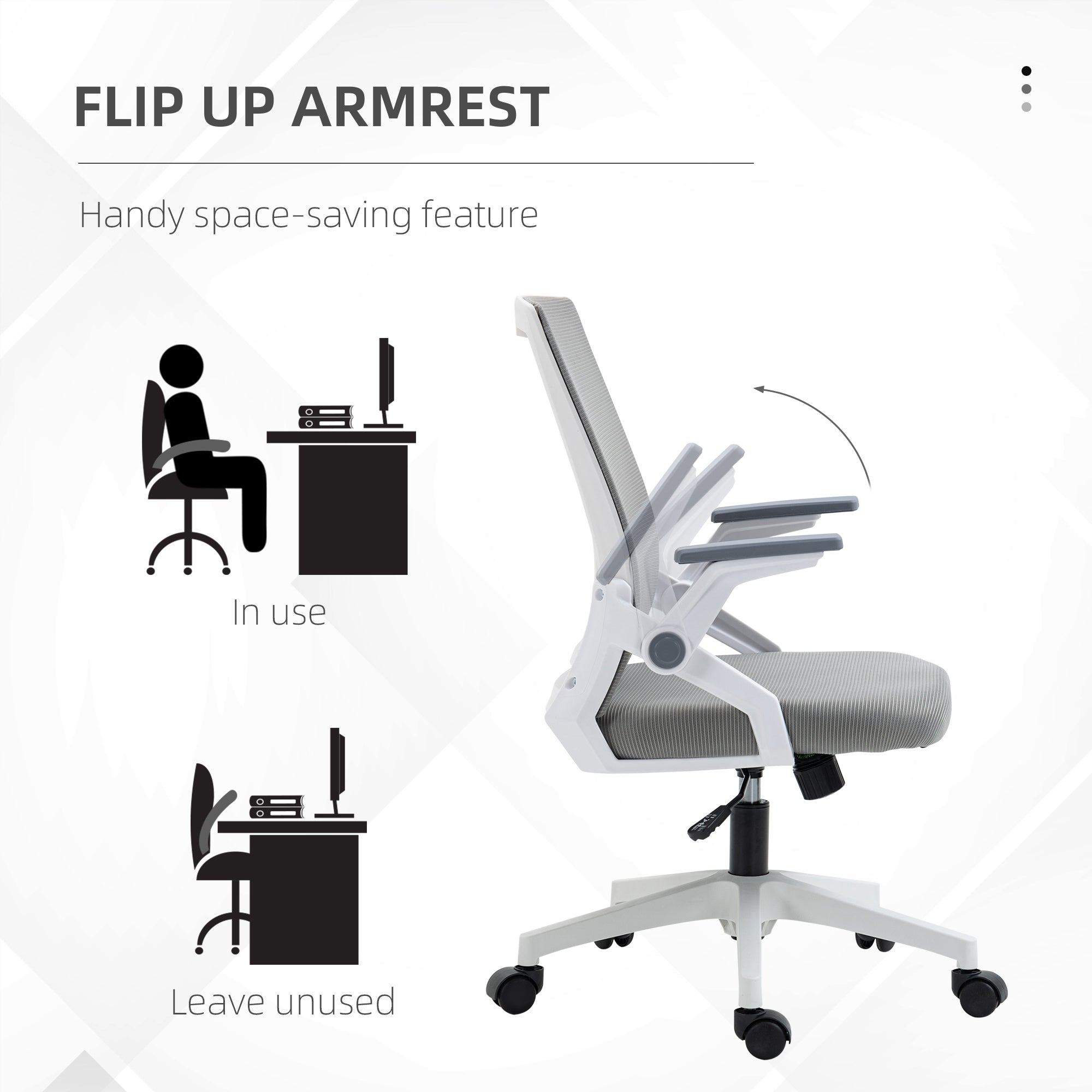 Vinsetto Mesh Office Chair, Desk Chair with Lumbar Support, Flip-up Armrest, Swivel Wheels, Adjustable Height, Grey - North Peak Garden Furniture