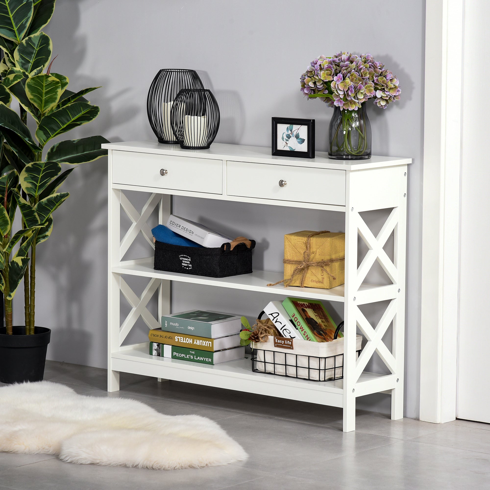 HOMCOM Console Table Side Desk w/ Shelves Drawers Open Top X Support Frame Living Room Hallway Home Office Furniture White - North Peak Garden Furniture