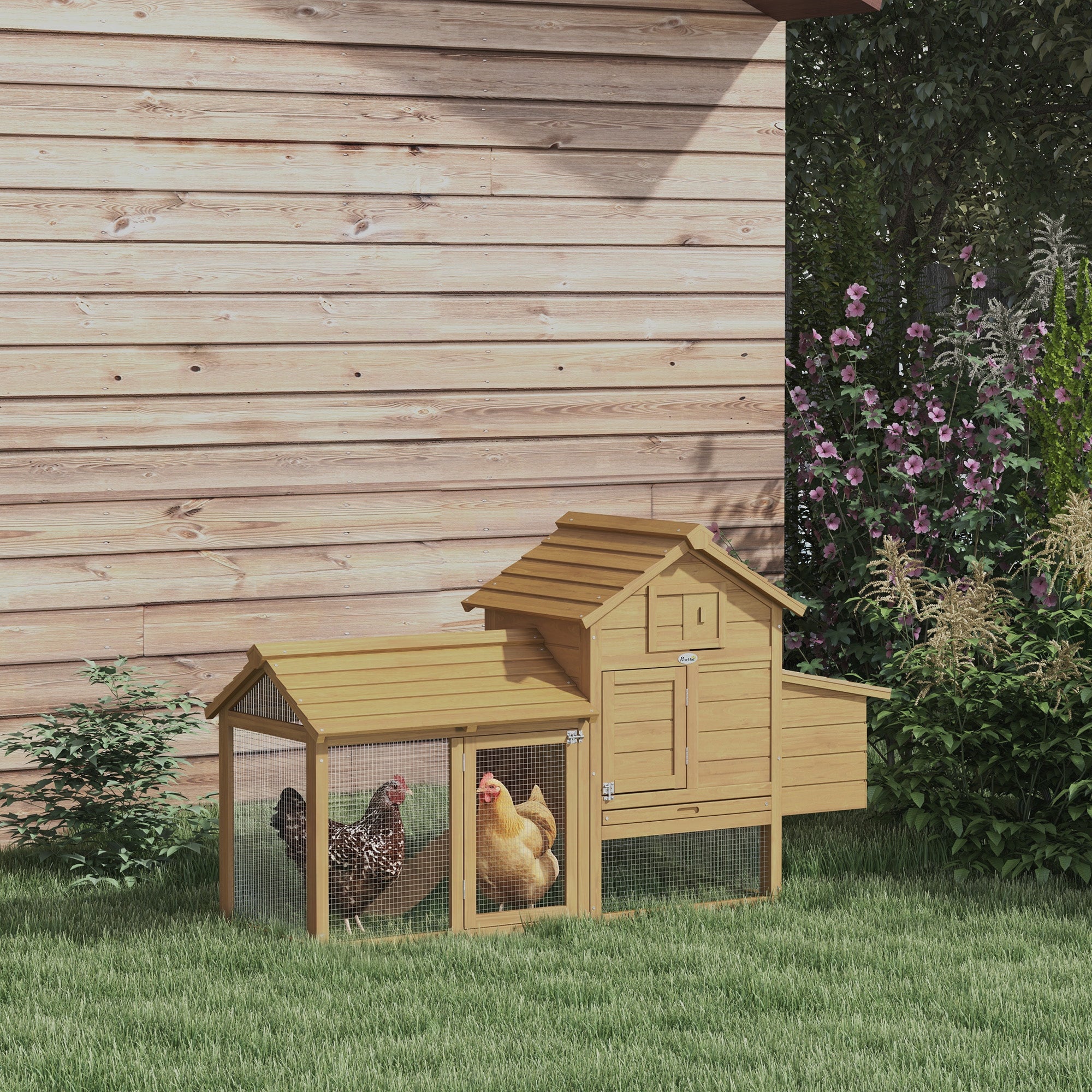 PawHut Small Chicken Coop with Run Hen House Poultry Coops Cages Nesting Box Wood 150.5 x 54 x 87cm