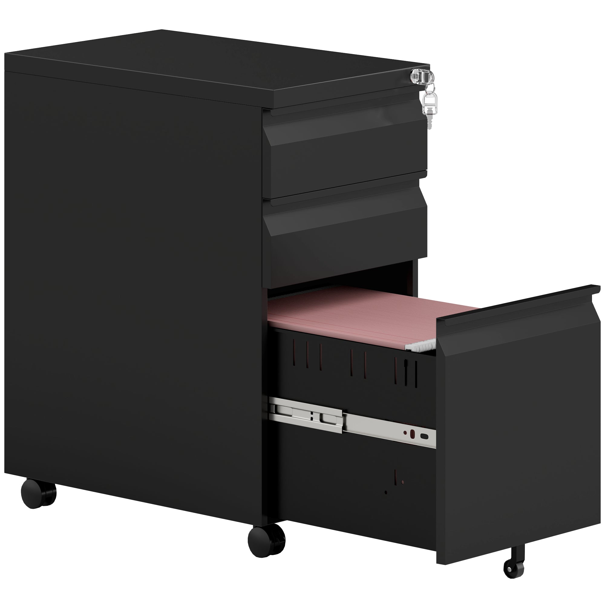 Vinsetto 3-Drawer Steel Filing Cabinet with Lock and Wheels - Black - North Peak Garden Furniture