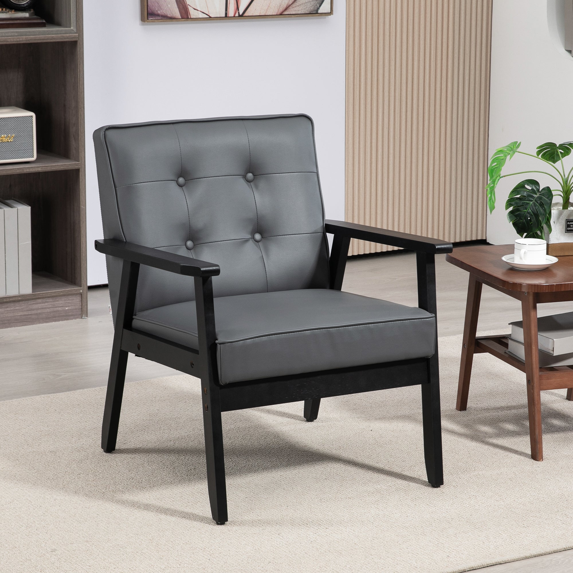 HOMCOM Retro-Style Accent Chair, with Faux Leather Seat - Grey - North Peak Garden Furniture