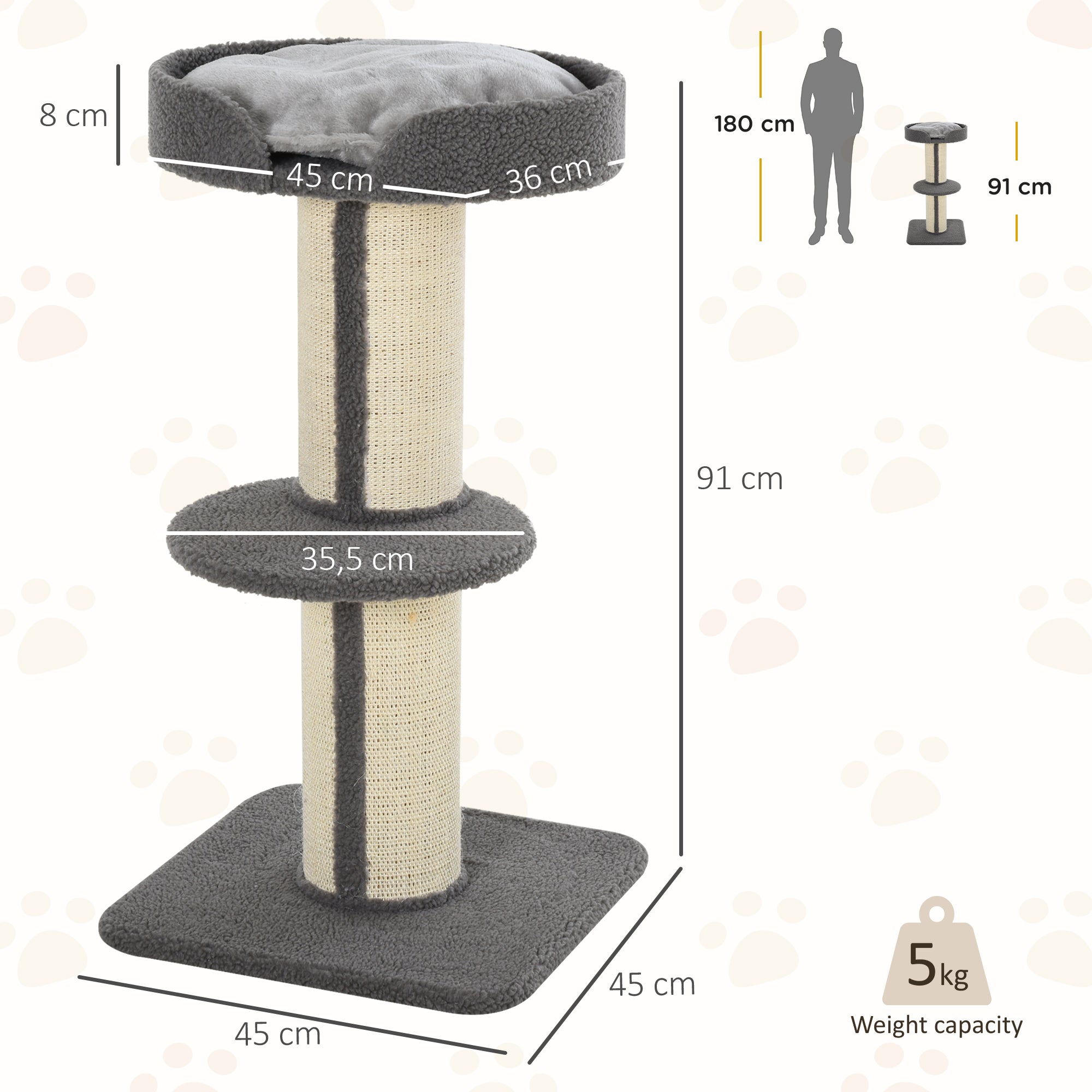 PawHut 91cm Cat Tower Scratching Posts Cat Tree for Indoor Cats Kitten Activity Centre Grey