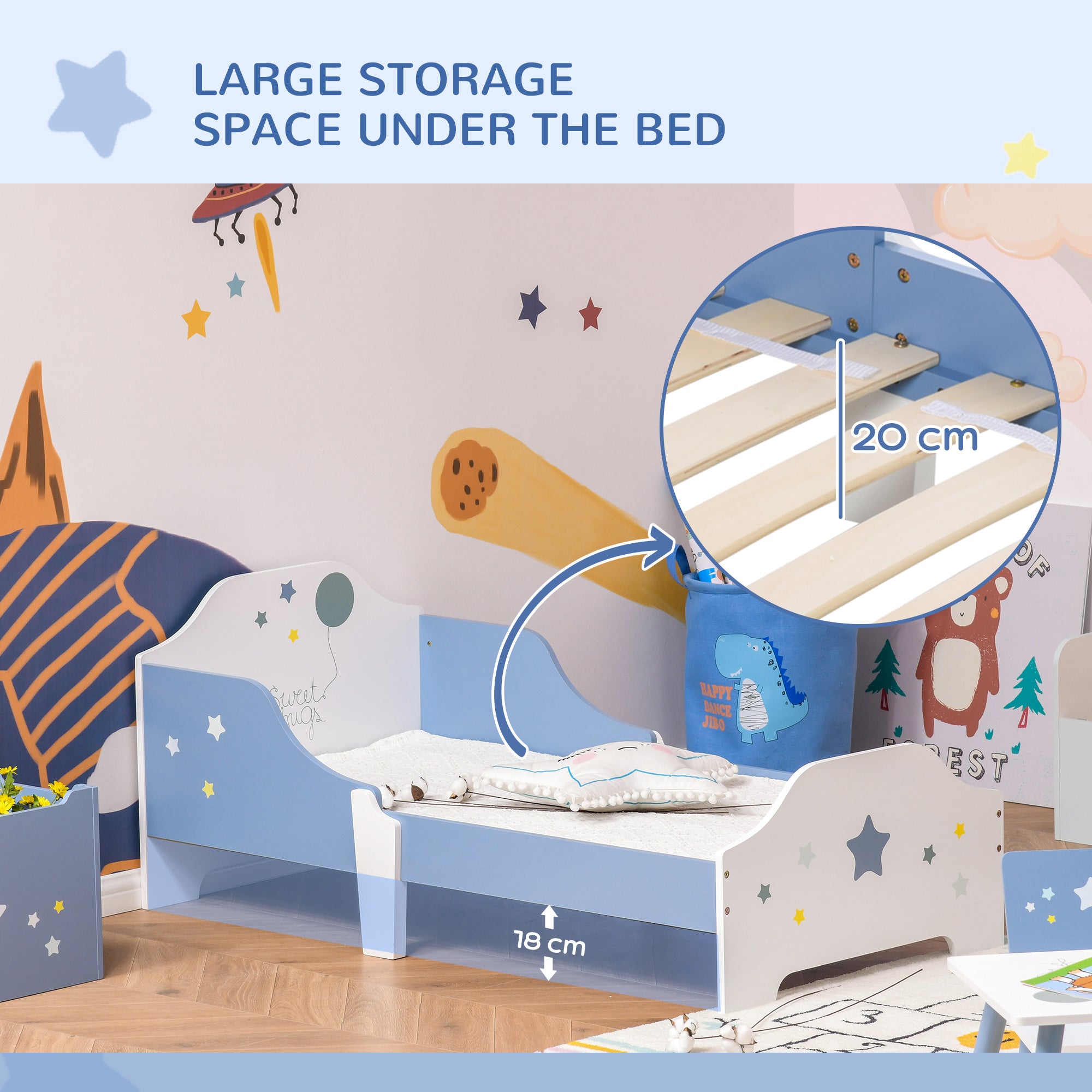 HOMCOM Toddler Bed Frame, Kids Bedroom Furniture for Boys Girls with Safe Guardrails, Low Junior Blue - North Peak Garden Furniture