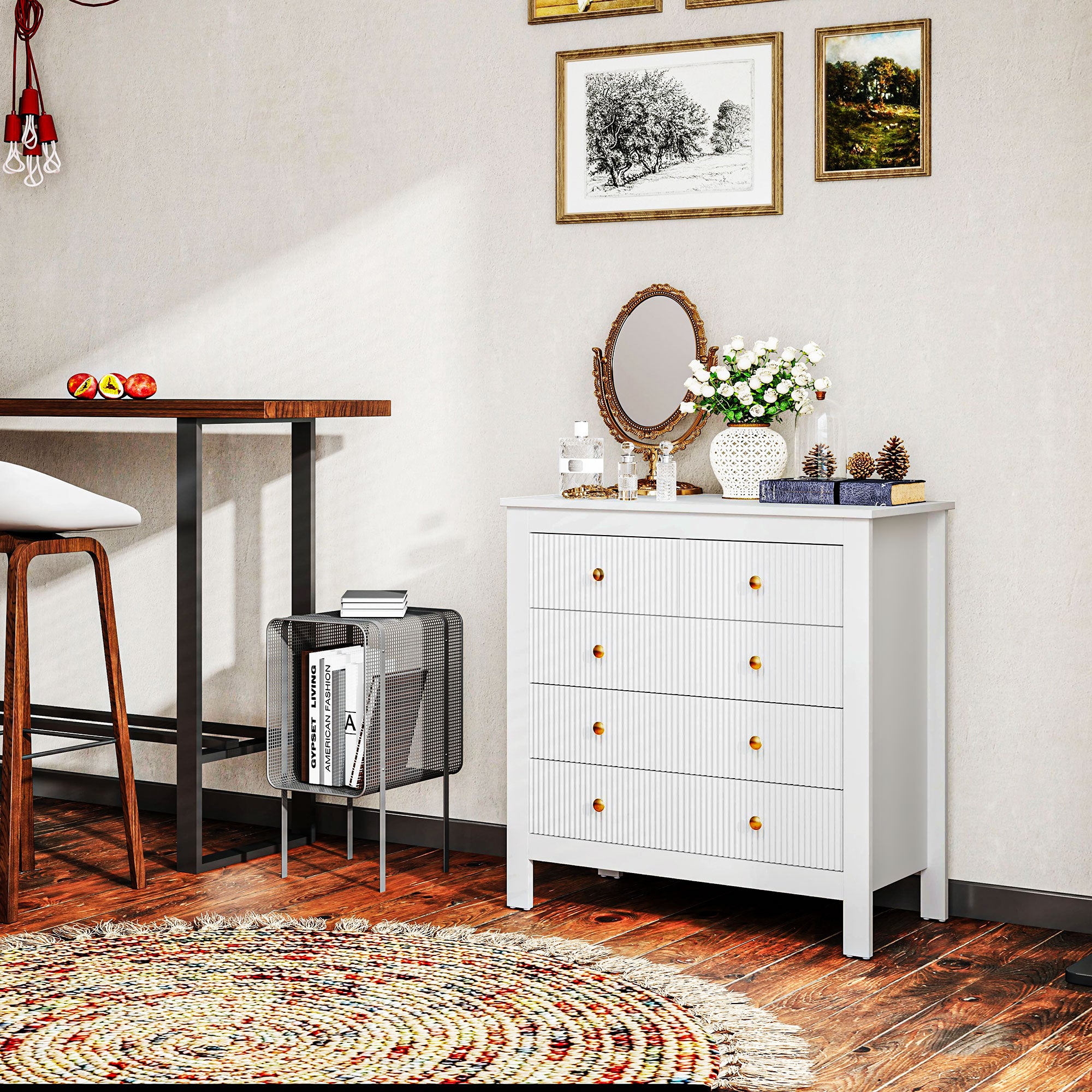 HOMCOM Elegant Chest of Five Drawers - White - North Peak Garden Furniture