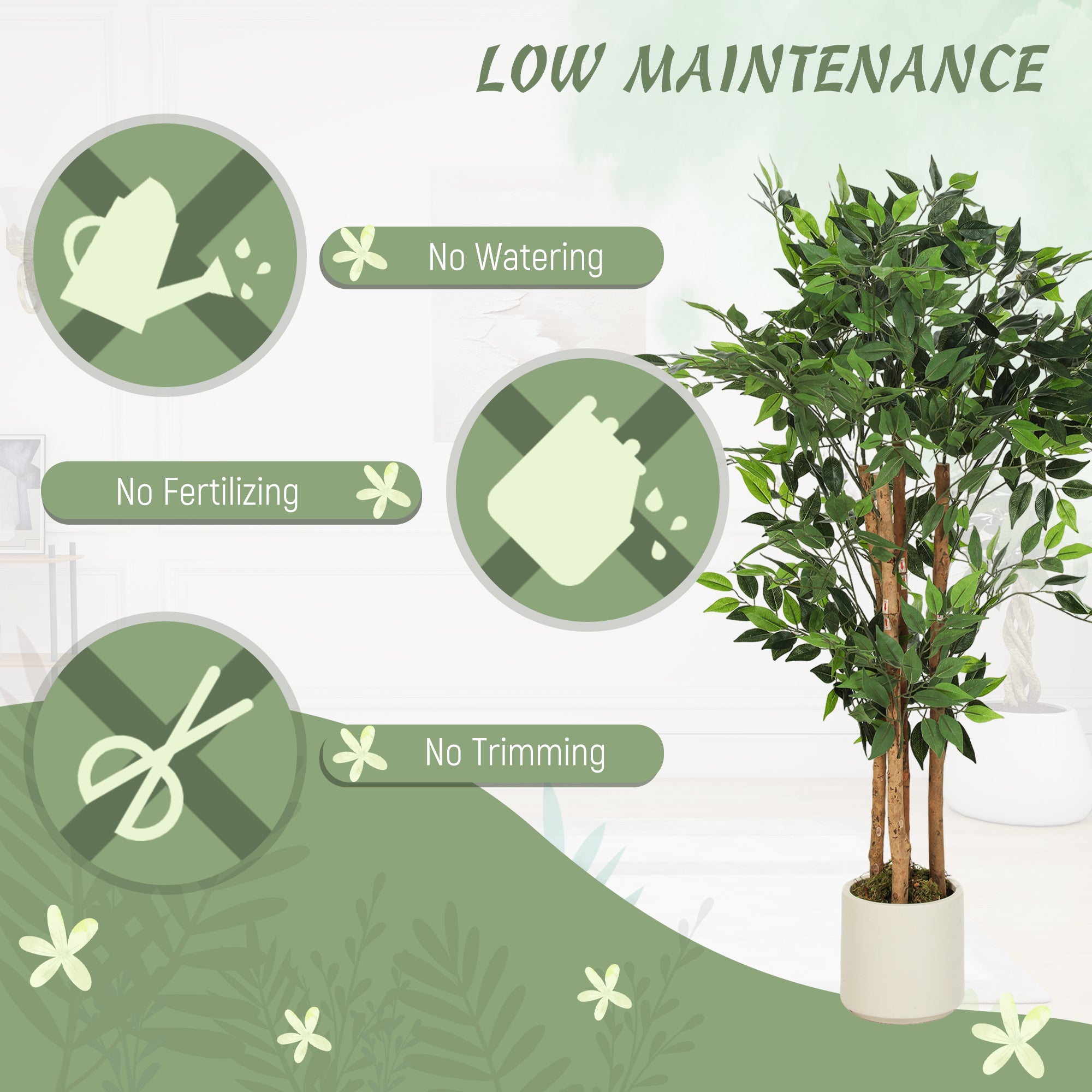 HOMCOM 120cm Artificial Ficus Tree, Fake Potted Tree with Solid Wood Trunk and Pot for Indoor, Green