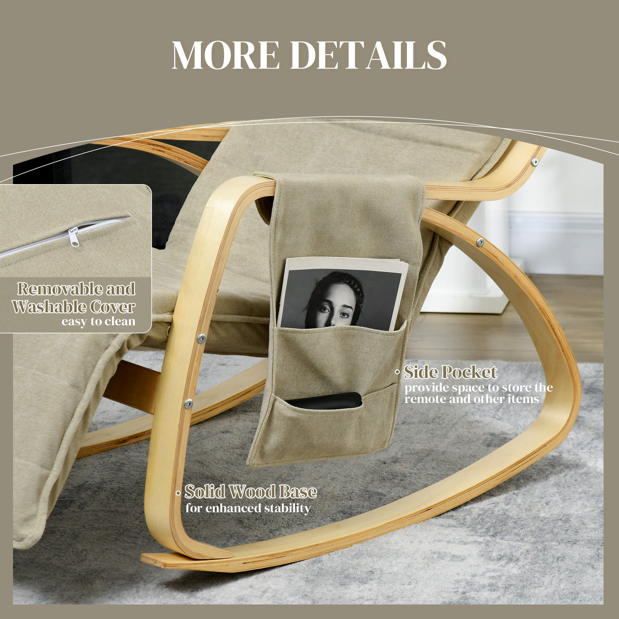HOMCOM Rocking Lounge Chair Recliner Relaxation Lounging Relaxing Seat with Adjustable Footrest, Side Pocket and Pillow, Khaki - North Peak Garden Furniture